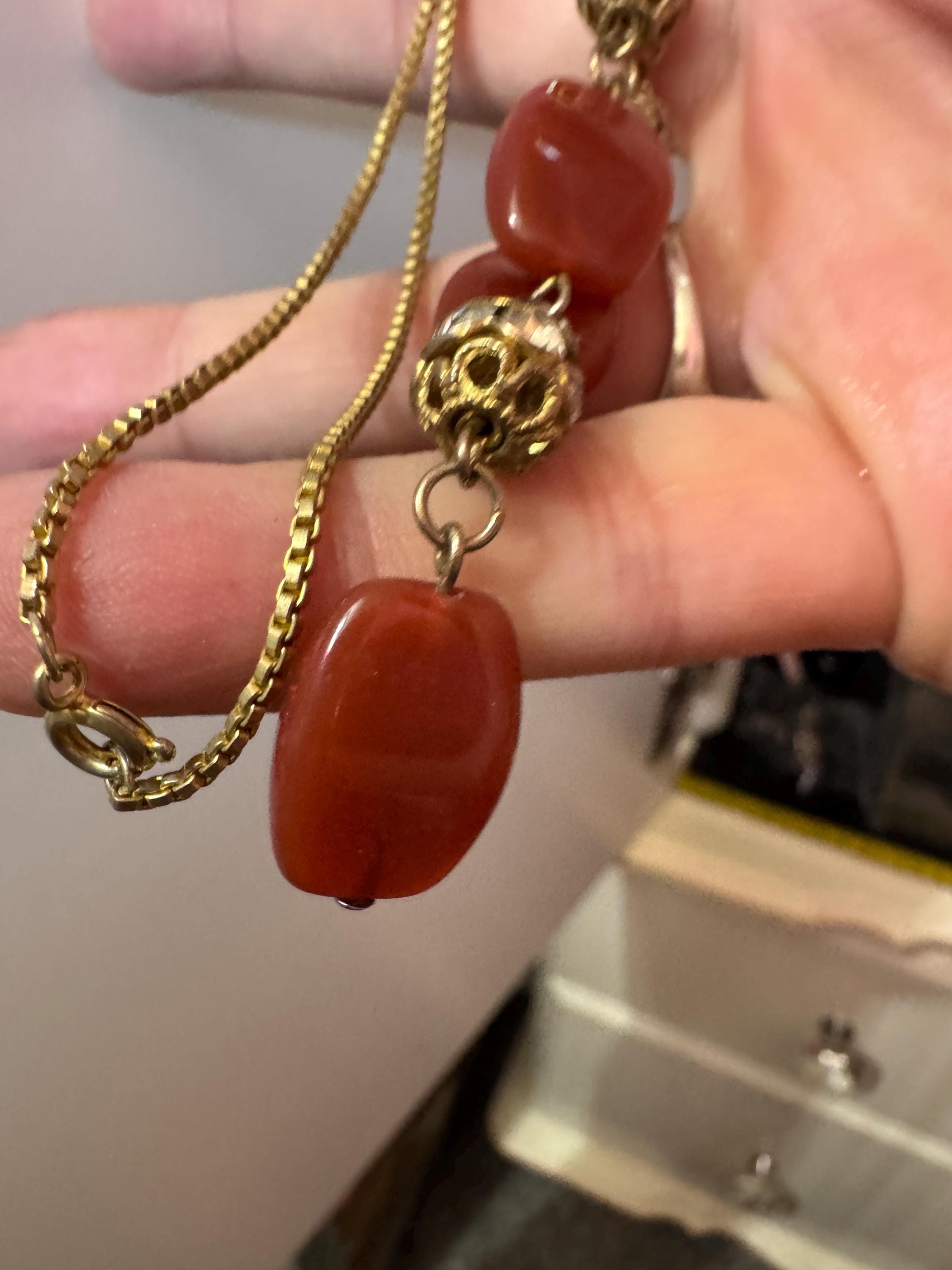 revival Art Deco Filigree gold tone glass czech gilt metal necklace with Carnelian gemstone beads