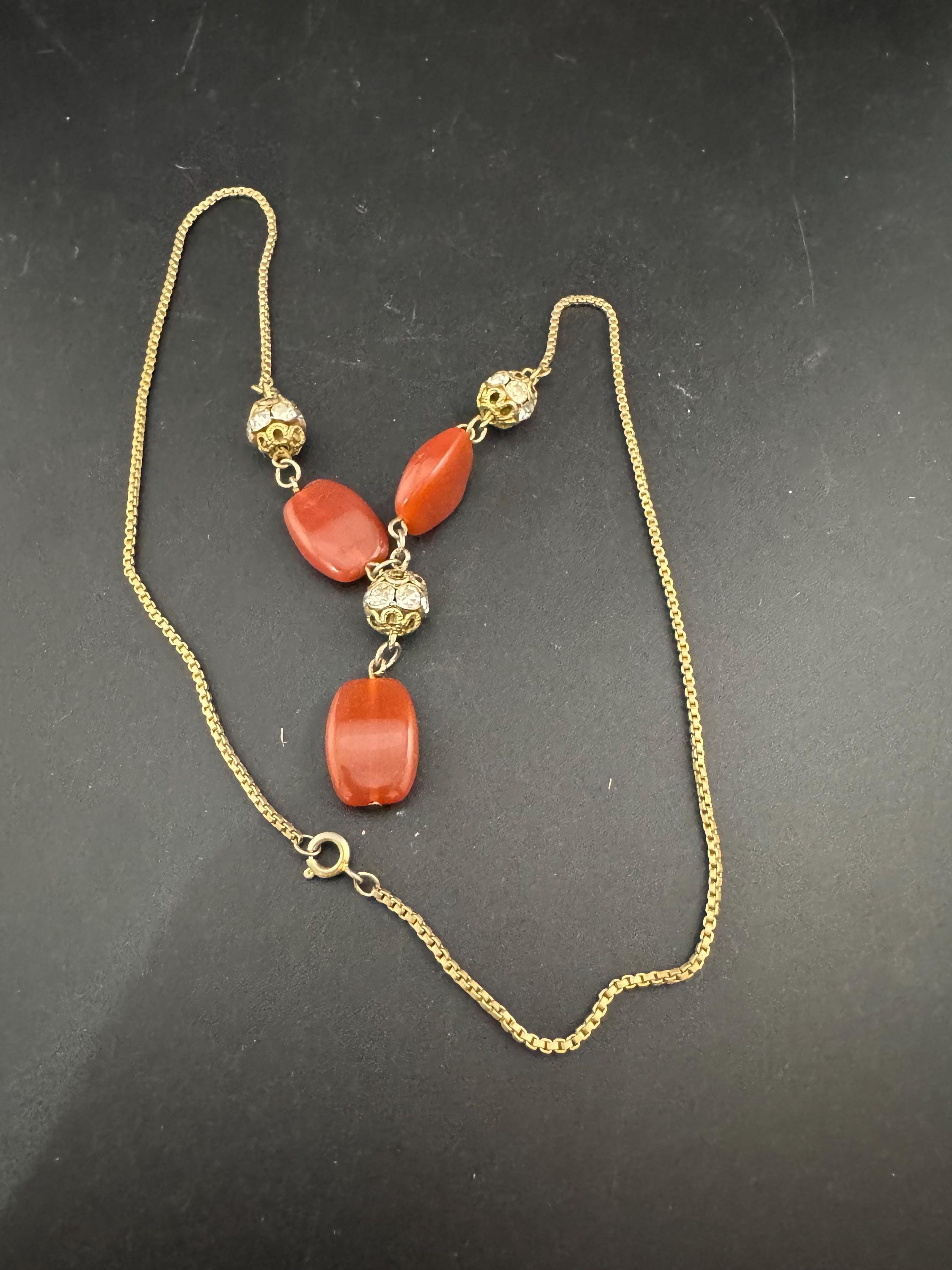 revival Art Deco Filigree gold tone glass czech gilt metal necklace with Carnelian gemstone beads
