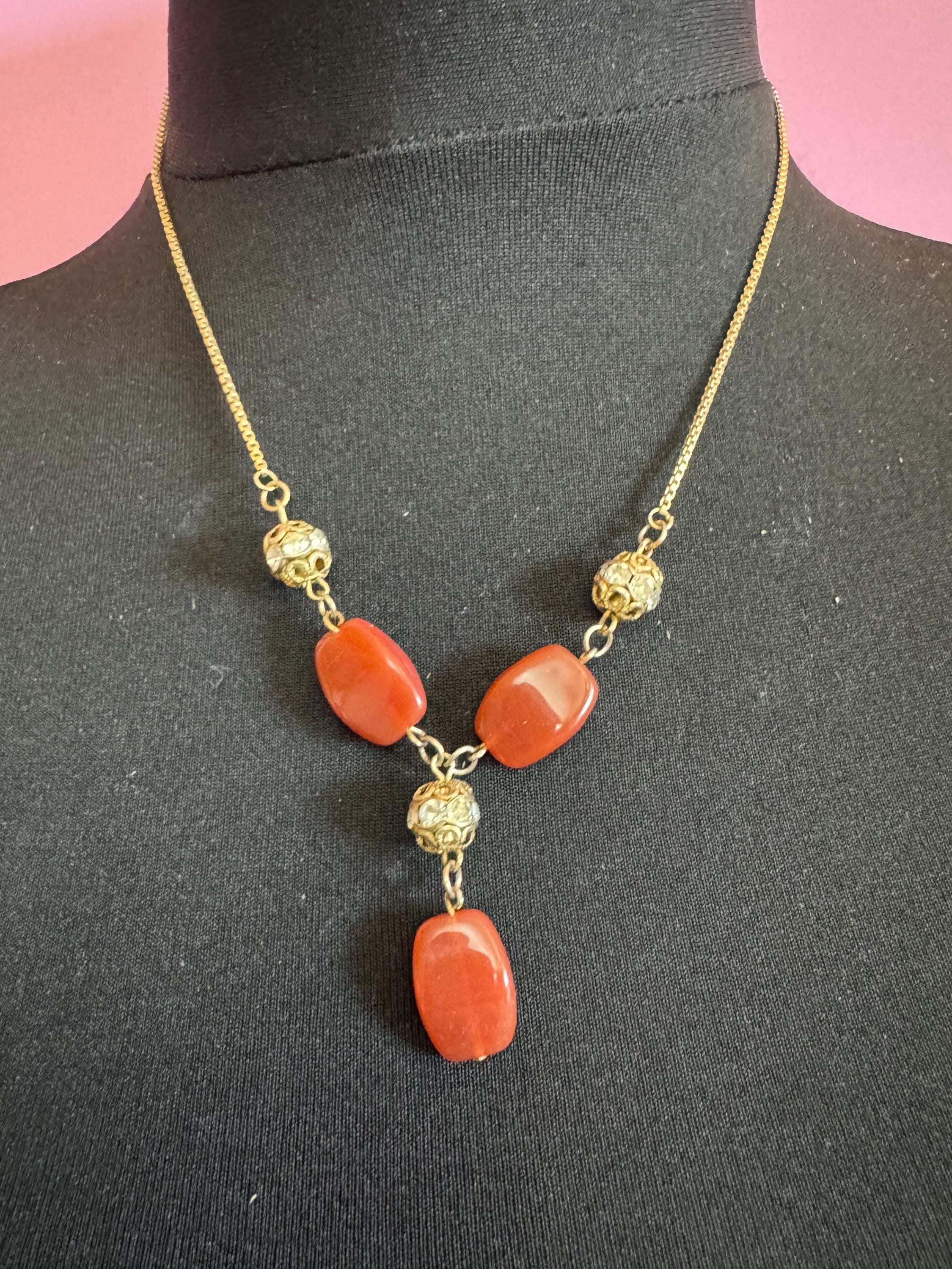 revival Art Deco Filigree gold tone glass czech gilt metal necklace with Carnelian gemstone beads