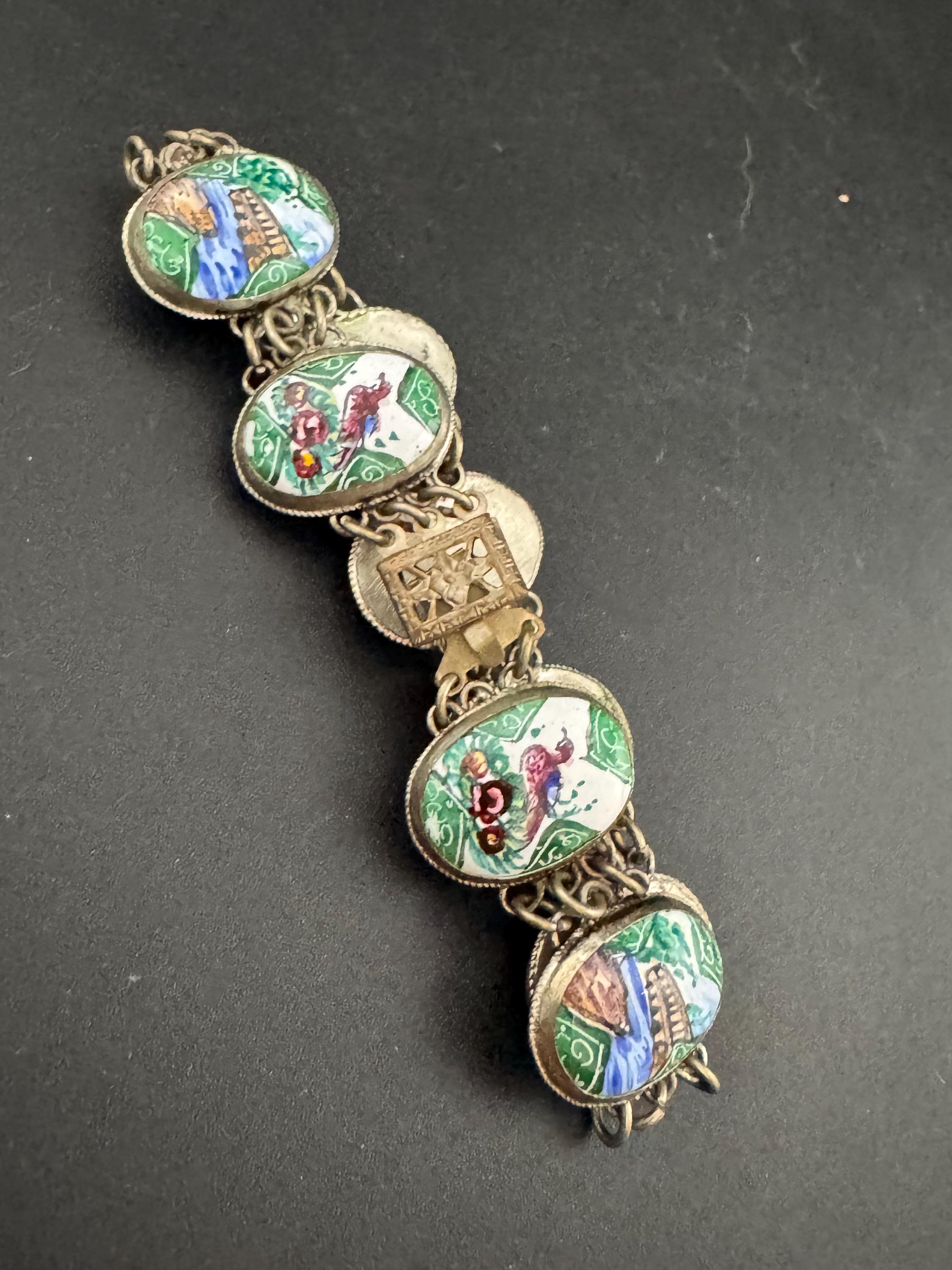 Antique art deco Middle Eastern Storyteller bracelet hand painted panel link continental silver