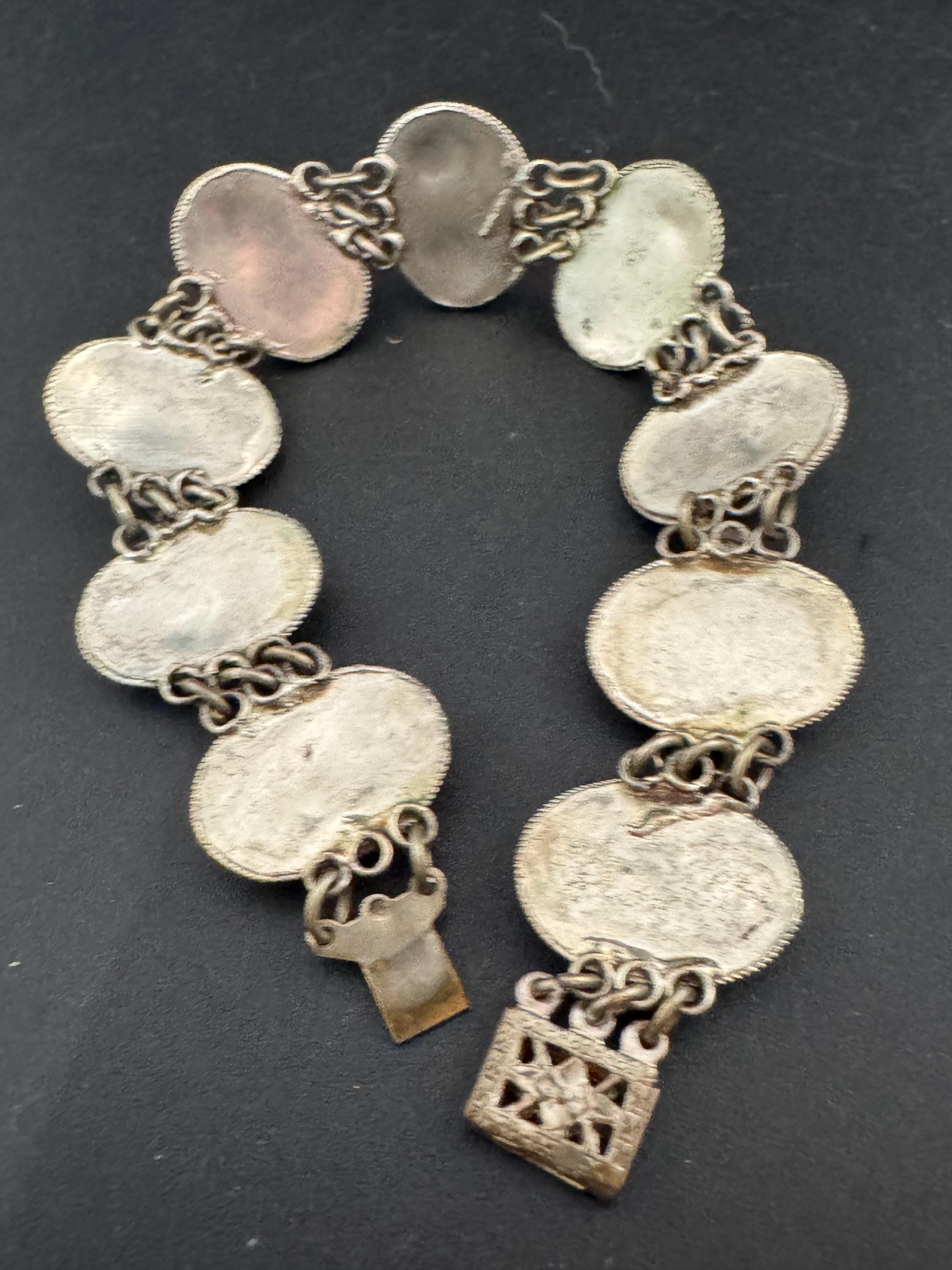 Antique art deco Middle Eastern Storyteller bracelet hand painted panel link continental silver