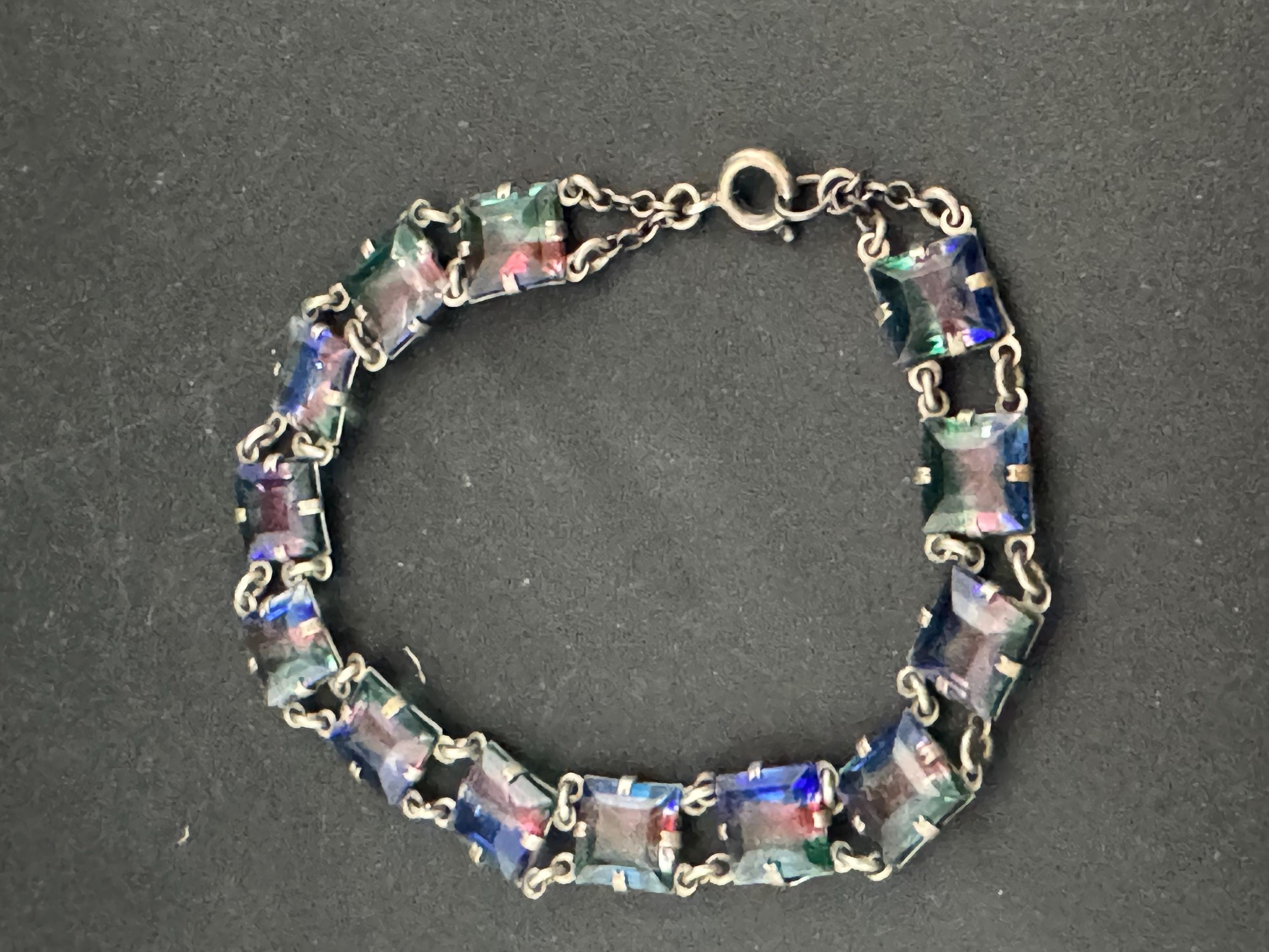 Antique Iris glass open back clear crystal square stones chain link Art Deco bracelet 17.5cm pink blue green stripes