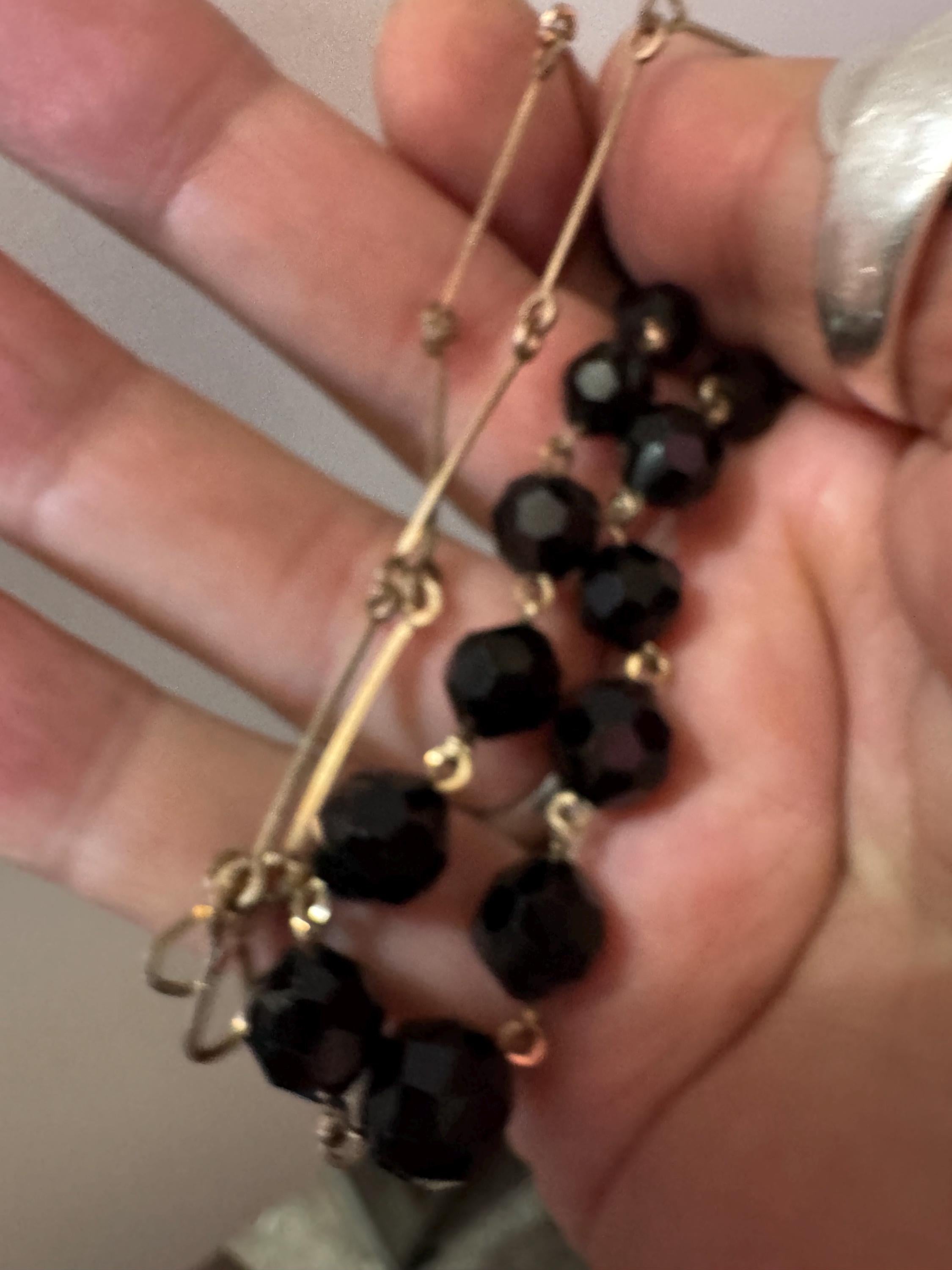 Vintage rolled gold French Black jet faceted Glass beaded necklace , art deco 1920s 1930s 41cm