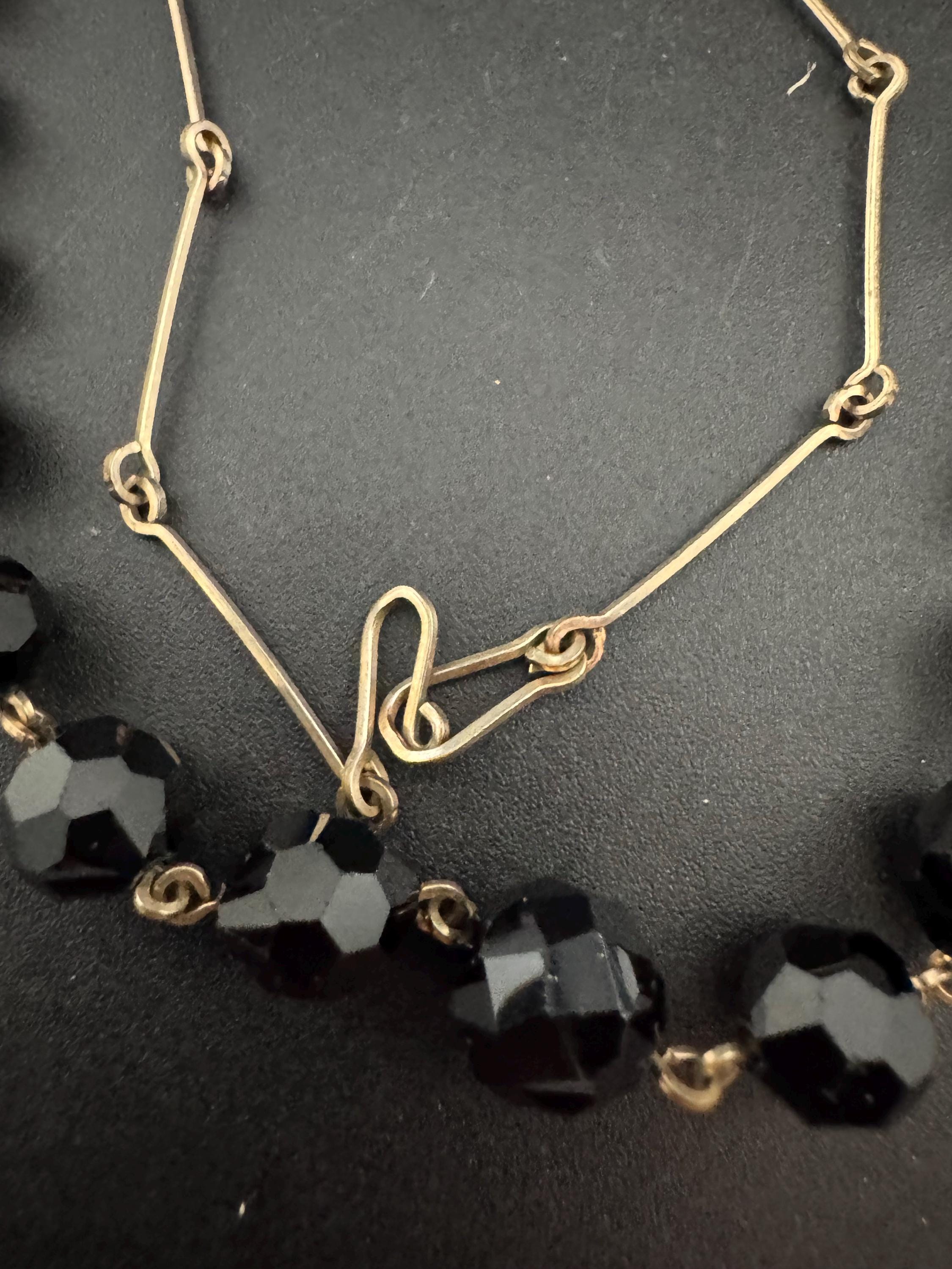 Vintage rolled gold French Black jet faceted Glass beaded necklace , art deco 1920s 1930s 41cm