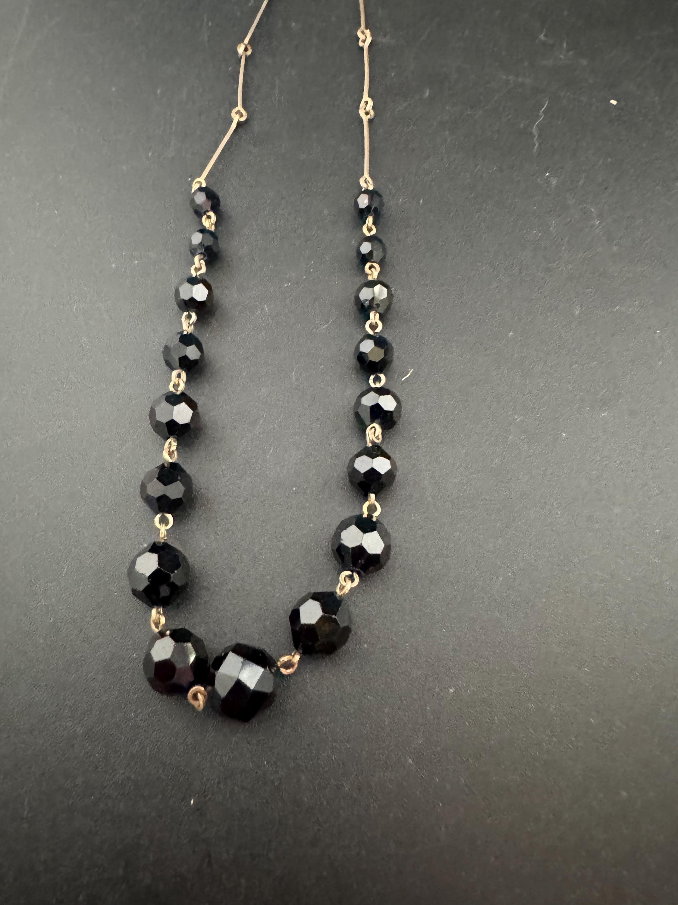 Vintage rolled gold French Black jet faceted Glass beaded necklace , art deco 1920s 1930s 41cm