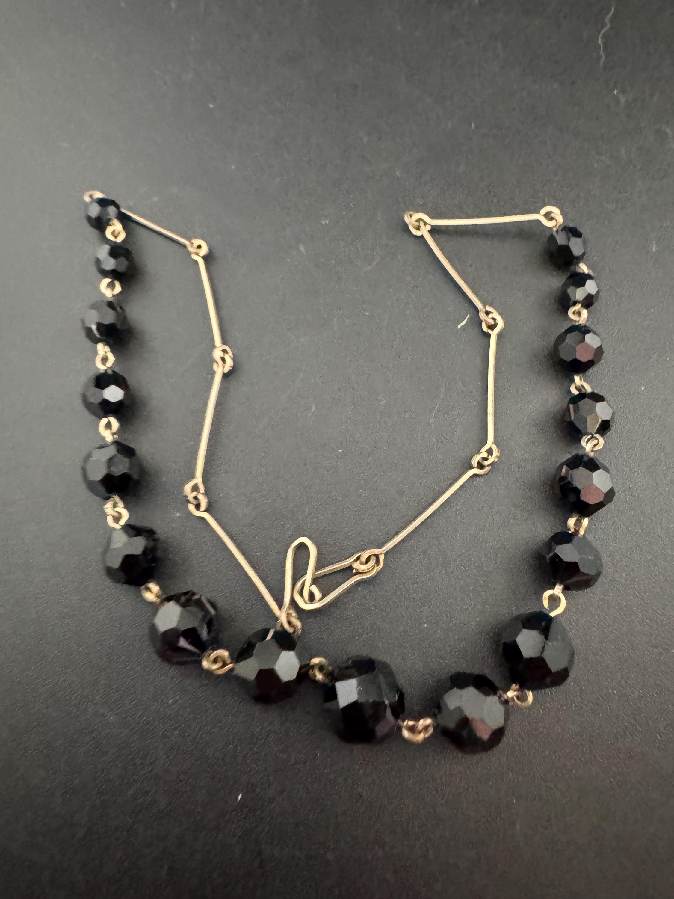 Vintage rolled gold French Black jet faceted Glass beaded necklace , art deco 1920s 1930s 41cm