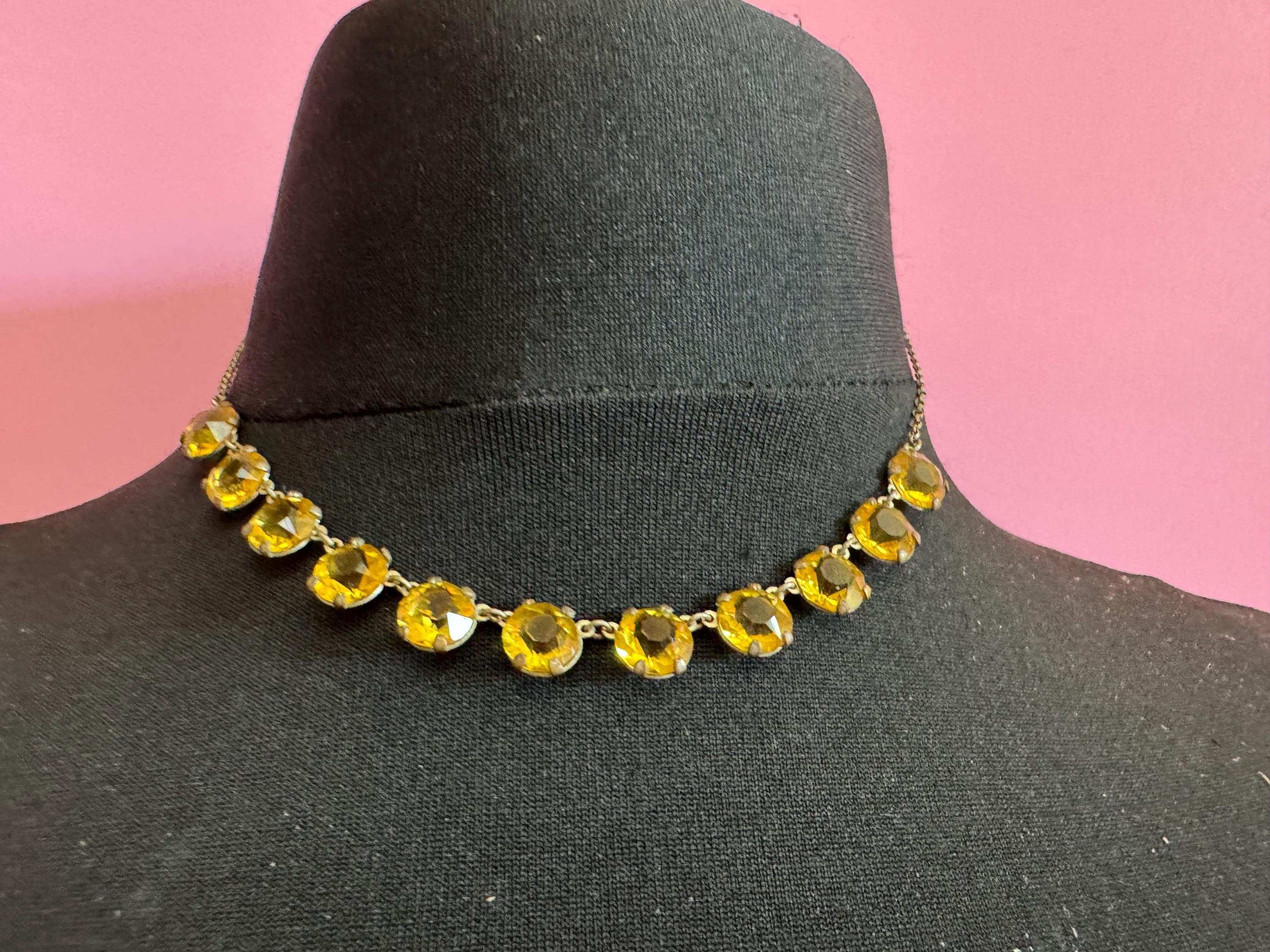 antique 1920s pale amber citrine glass open back crystal Art Deco collar necklace