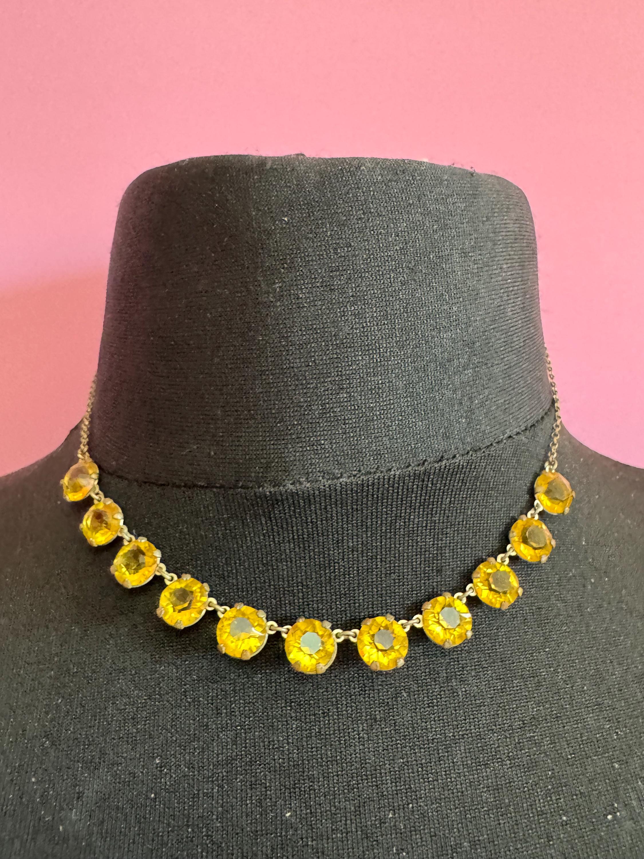 antique 1920s pale amber citrine glass open back crystal Art Deco collar necklace