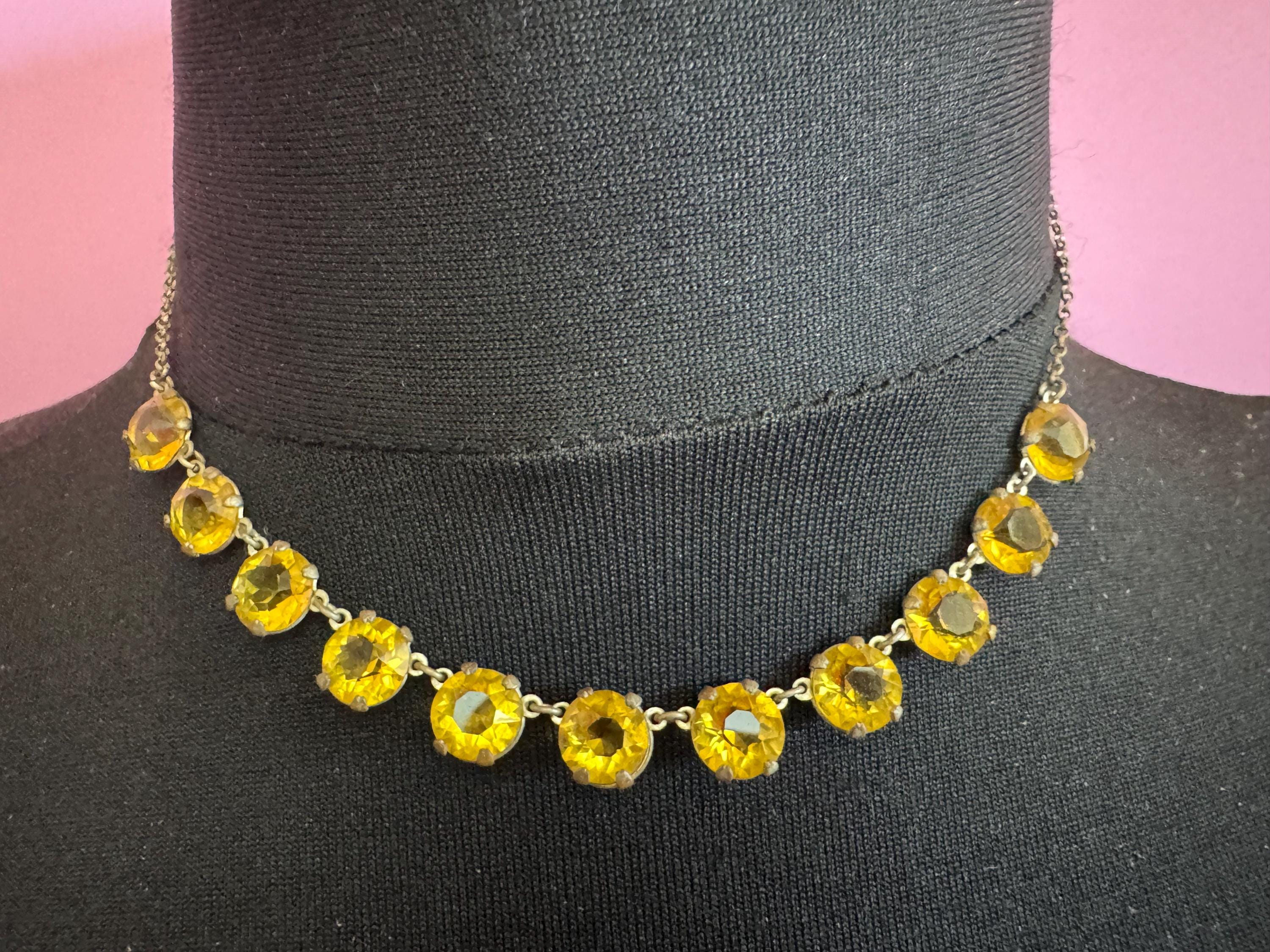 antique 1920s pale amber citrine glass open back crystal Art Deco collar necklace