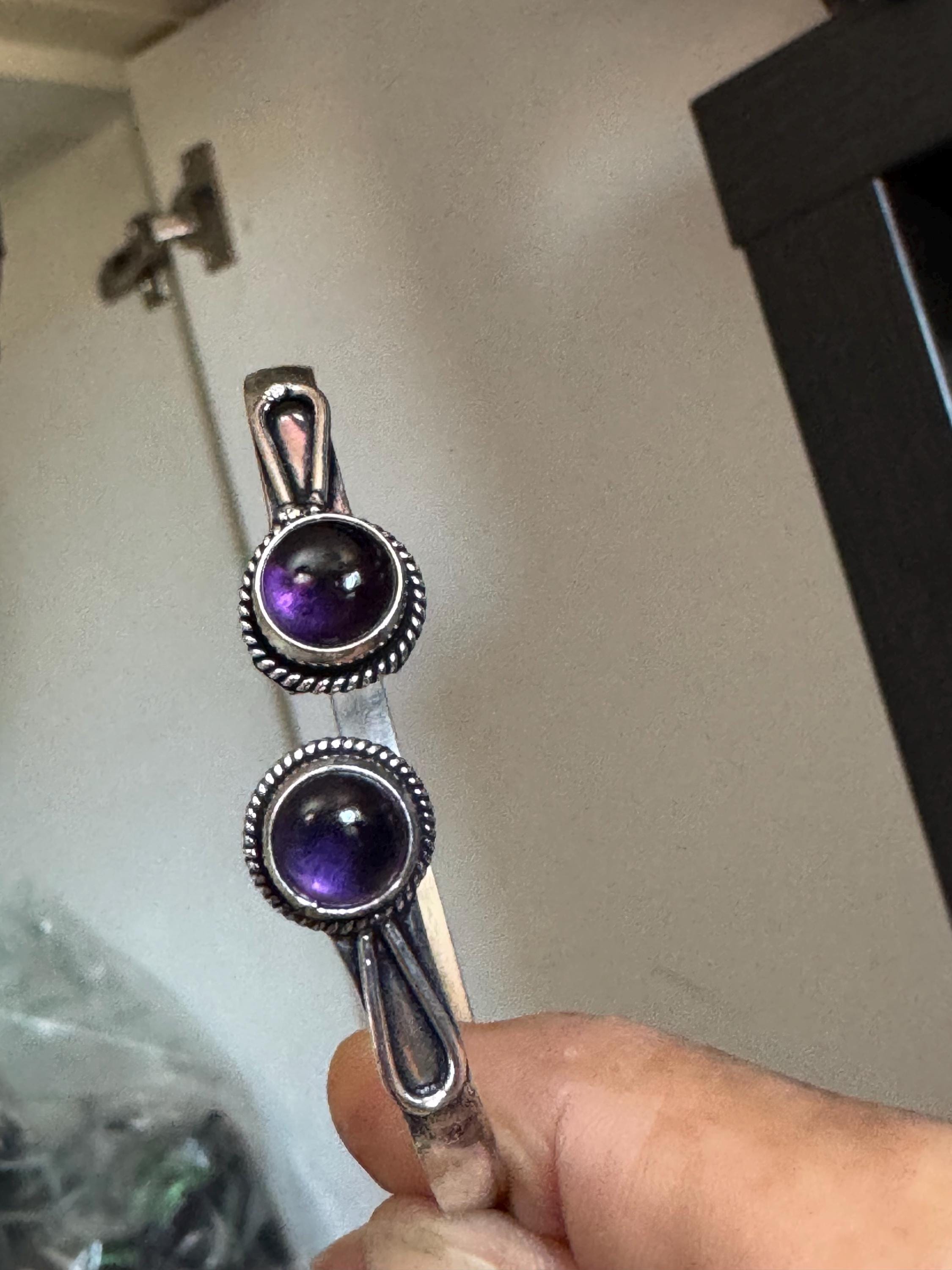 Retro purple amethyst GEMSTONE Bangle silver tone torque cuff bracelet