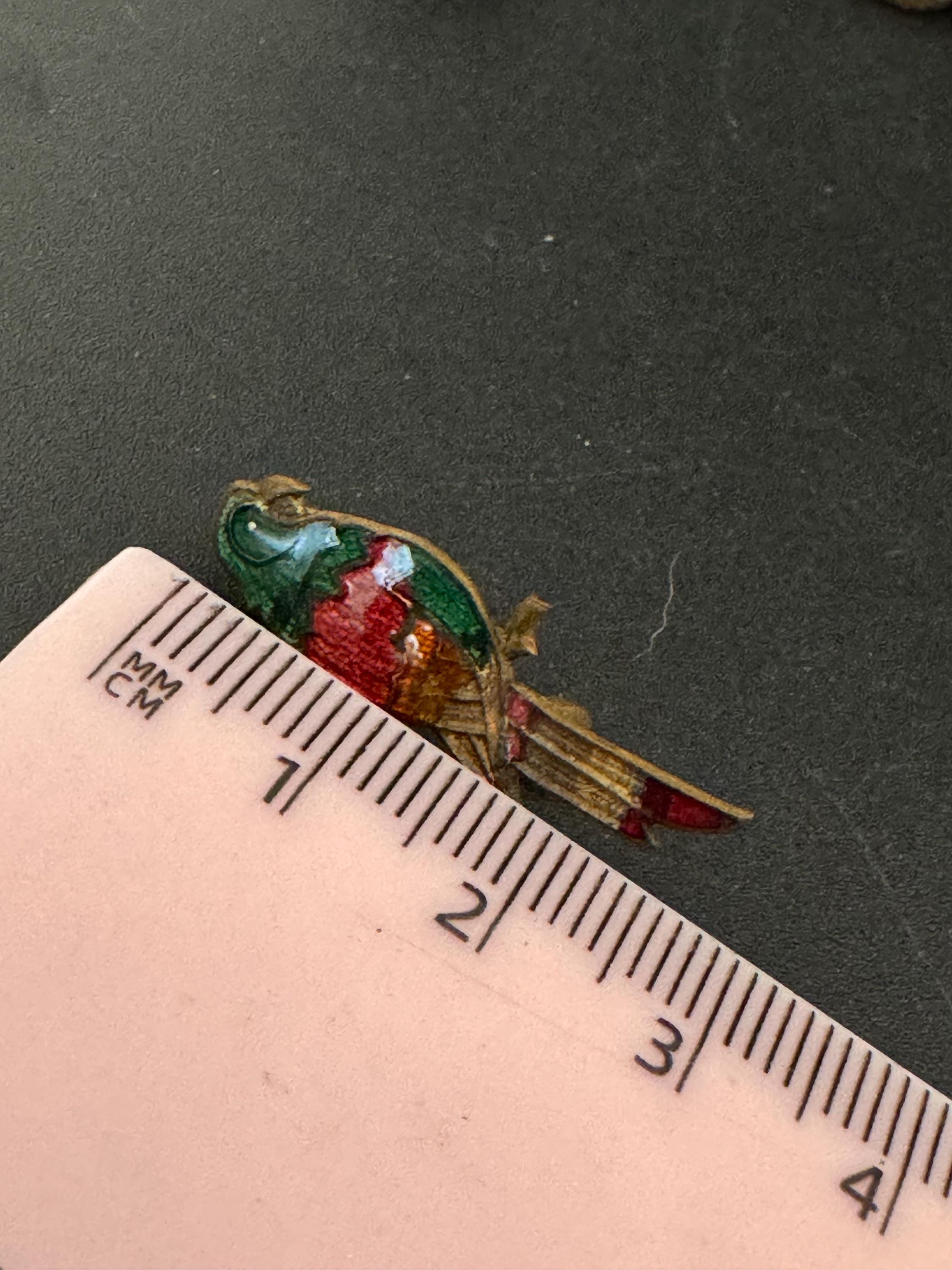 Sweet little art deco Early brass green and red enamel parrot Brooch 2.8cm