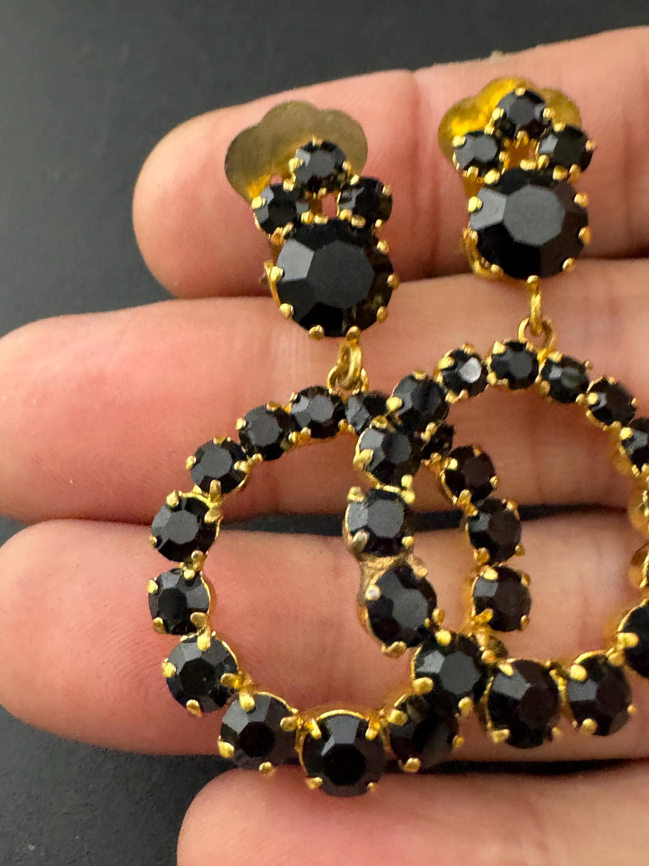 Vintage black Rhinestone Diamanté round gold tone encrusted hoop dangly Earrings
