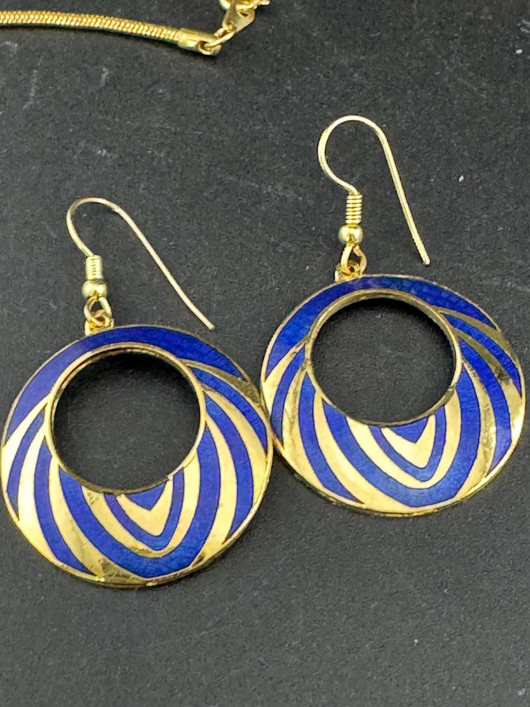 vintage 1980s bright blue and gold enamel collar necklace and matching disc earrings, unused retro jewelry set