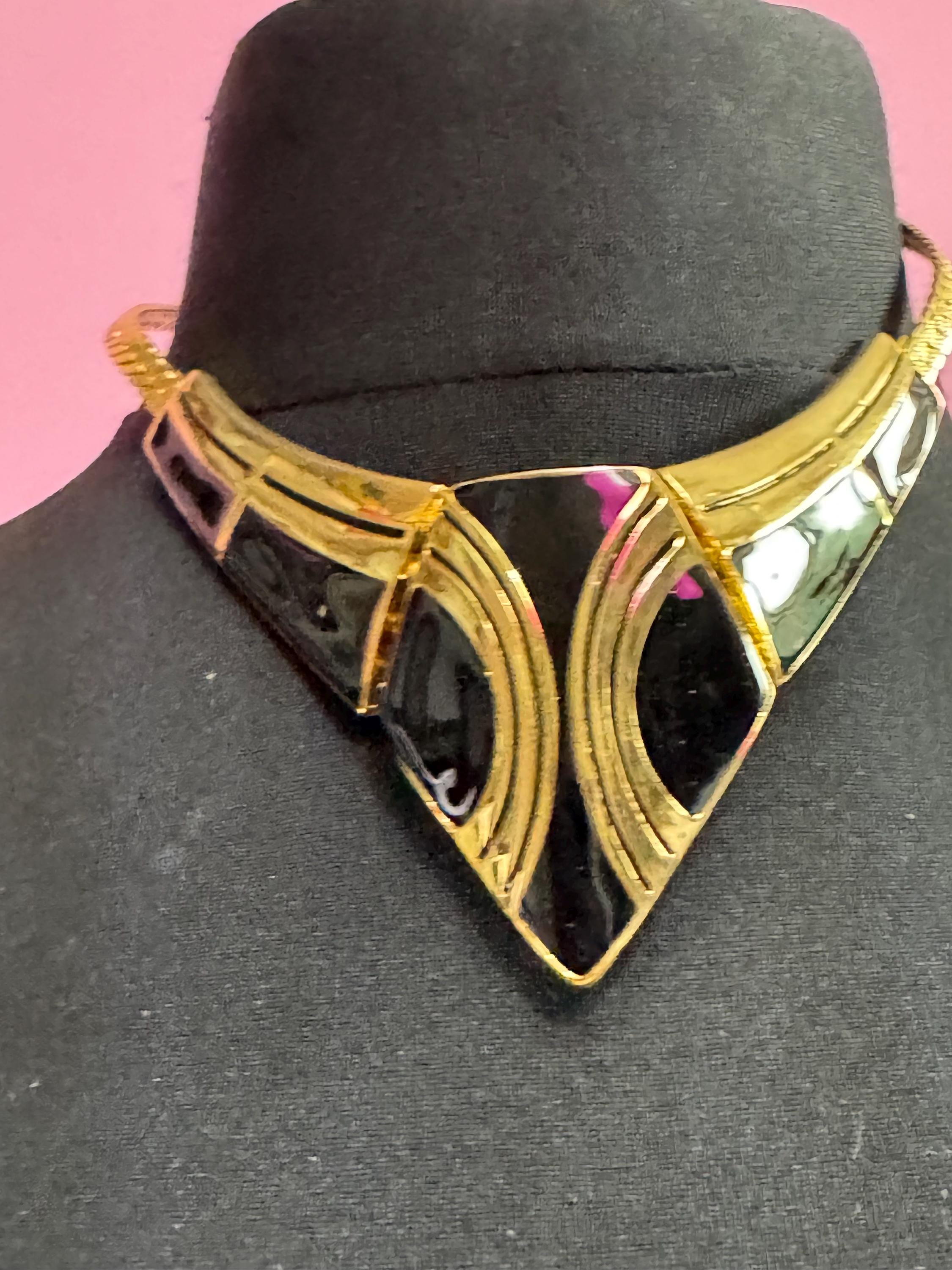 Vintage Black & Gold Enamel Necklace Earring Set: 1980s Retro Jewelry