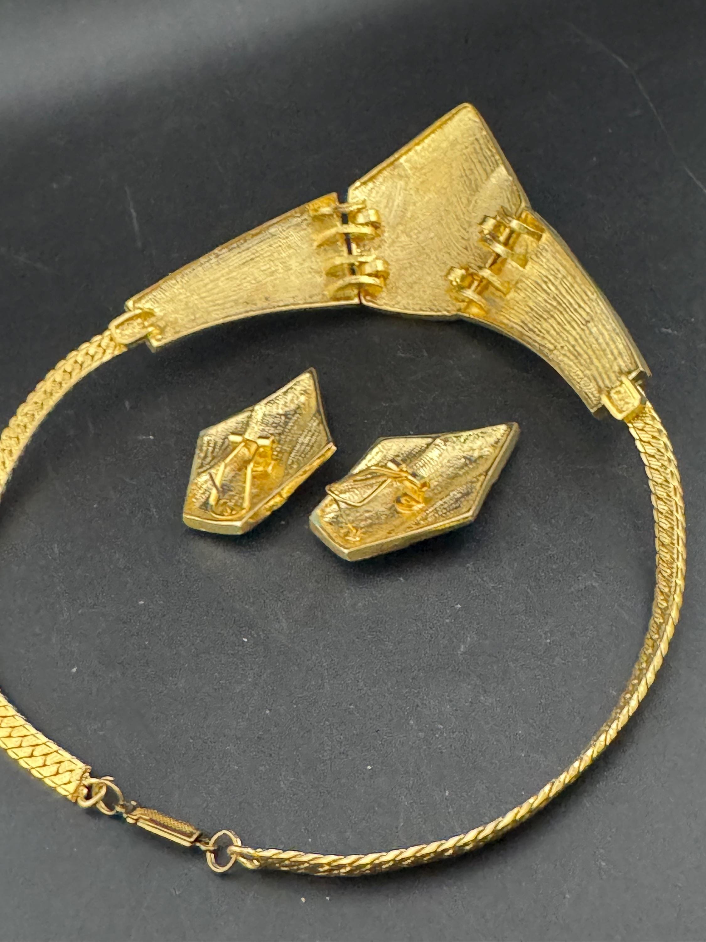 Vintage Black & Gold Enamel Necklace Earring Set: 1980s Retro Jewelry