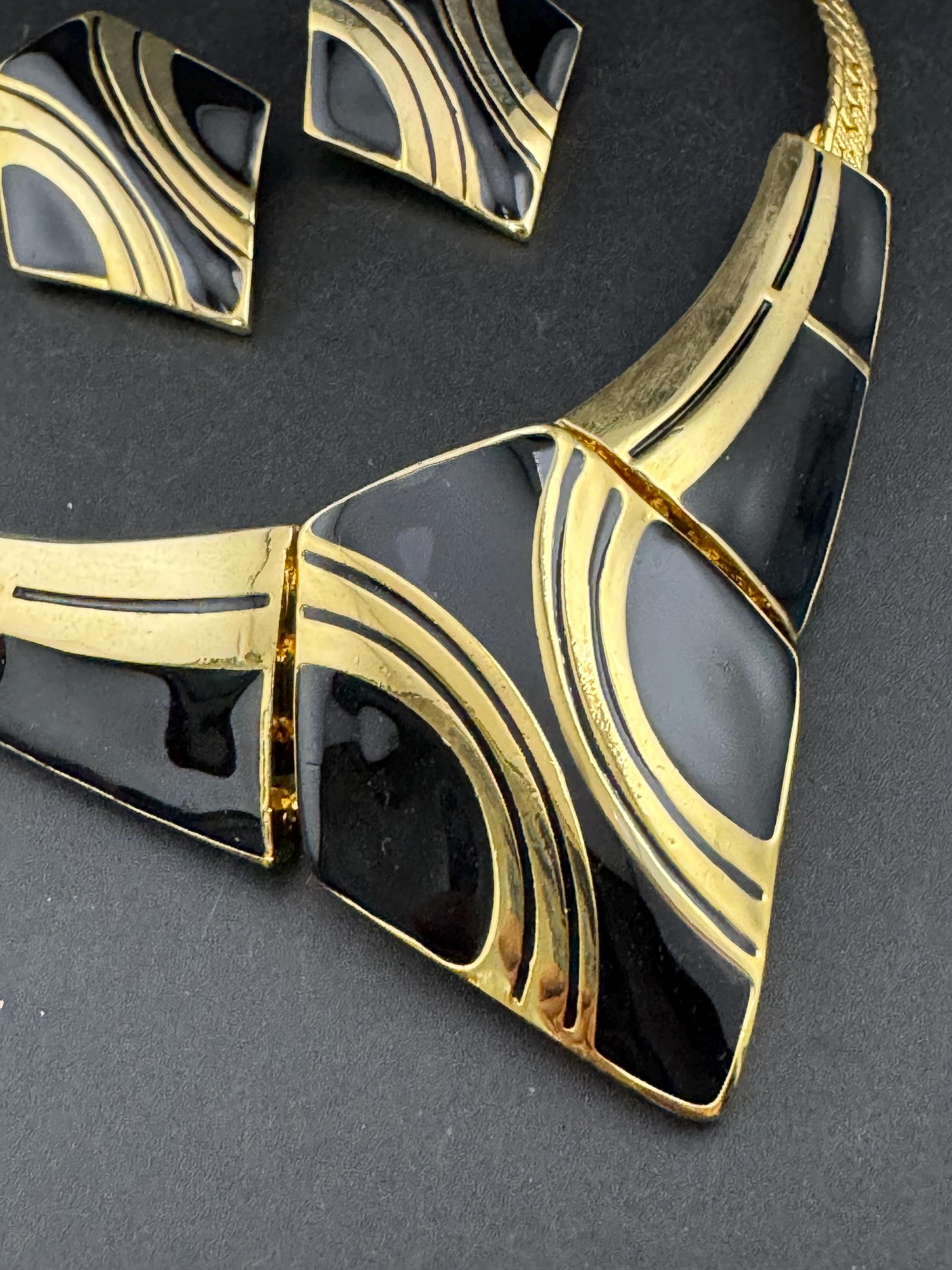 Vintage Black & Gold Enamel Necklace Earring Set: 1980s Retro Jewelry