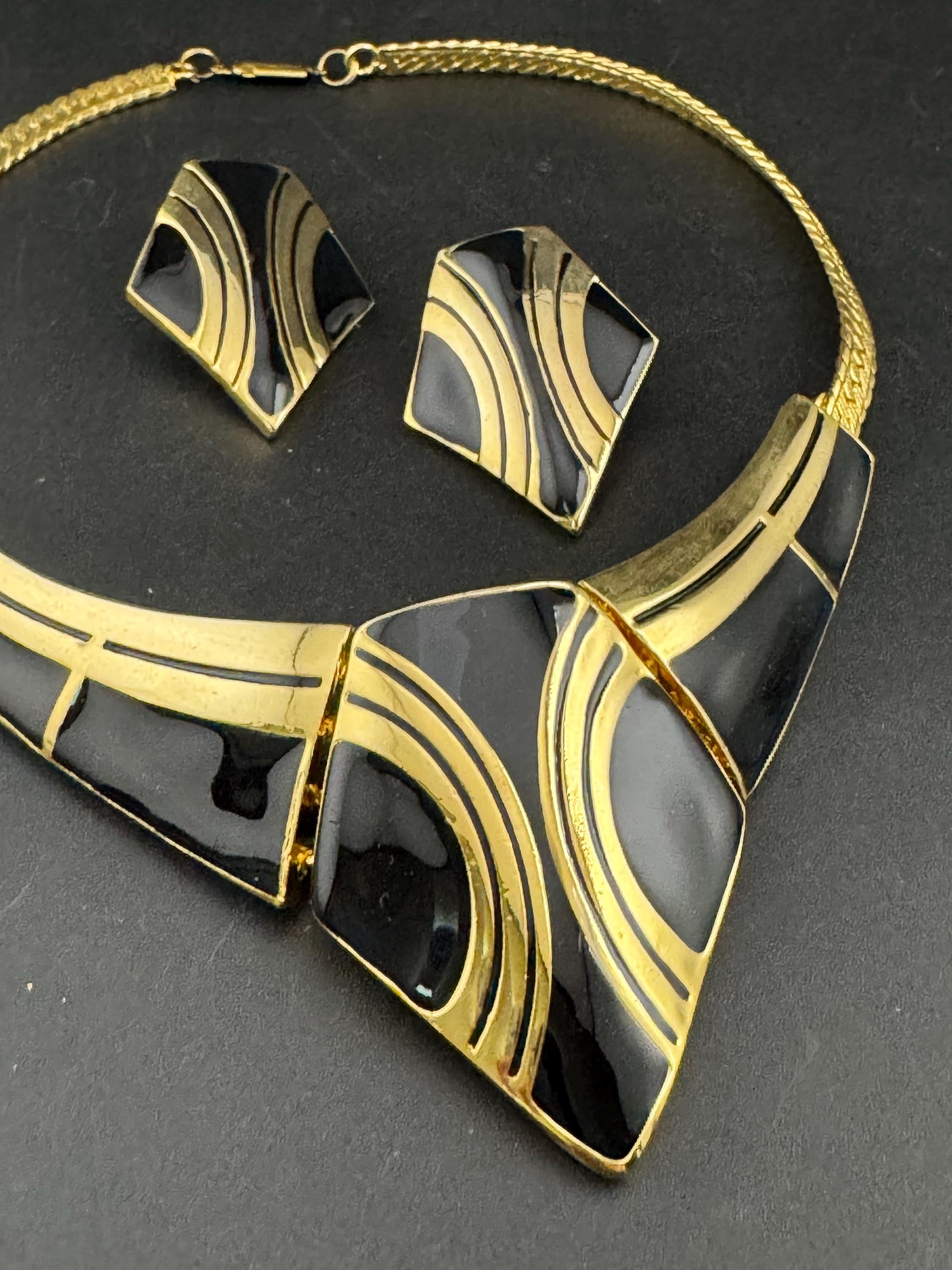 Vintage Black & Gold Enamel Necklace Earring Set: 1980s Retro Jewelry