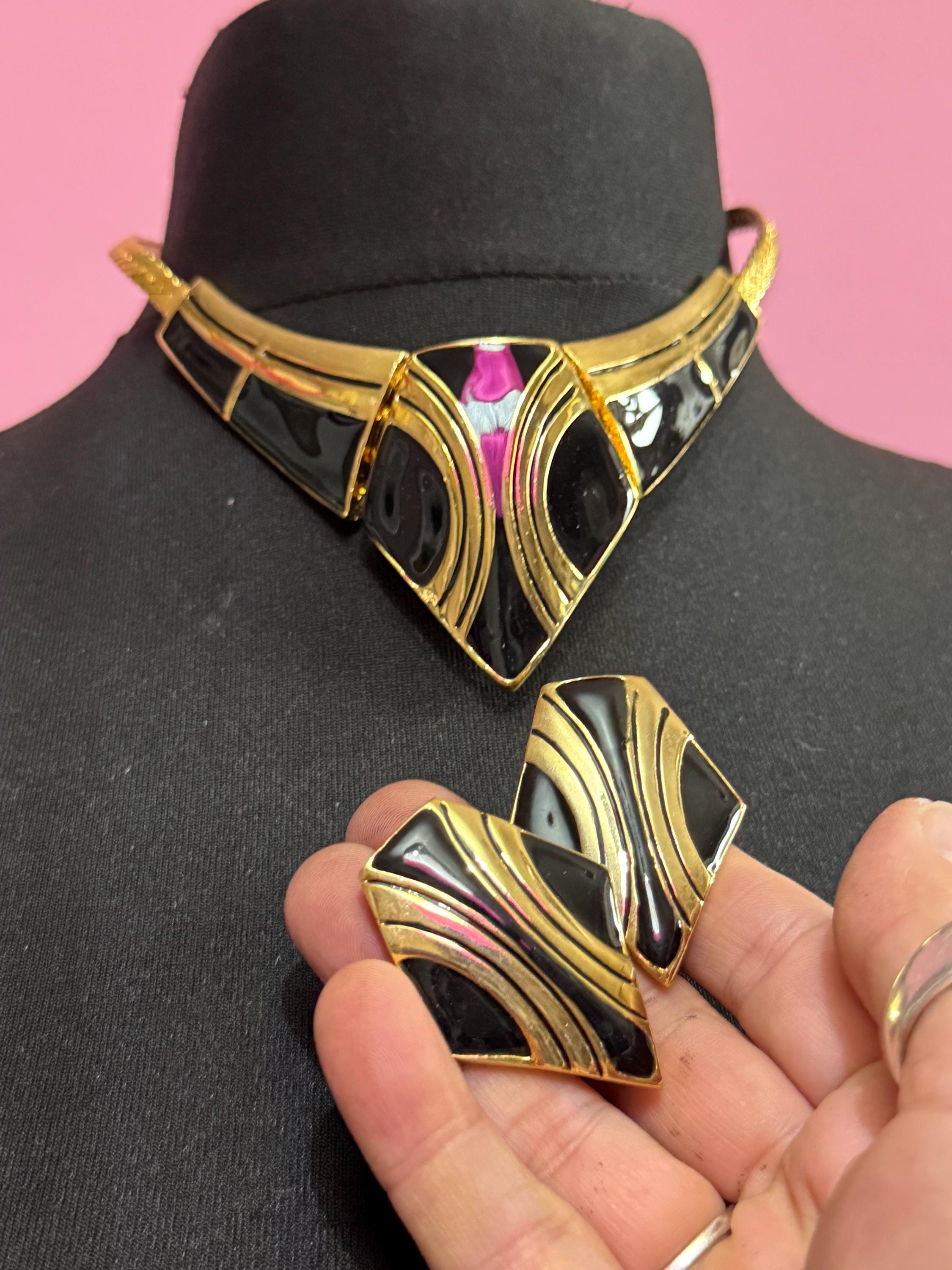 Vintage Black & Gold Enamel Necklace Earring Set: 1980s Retro Jewelry