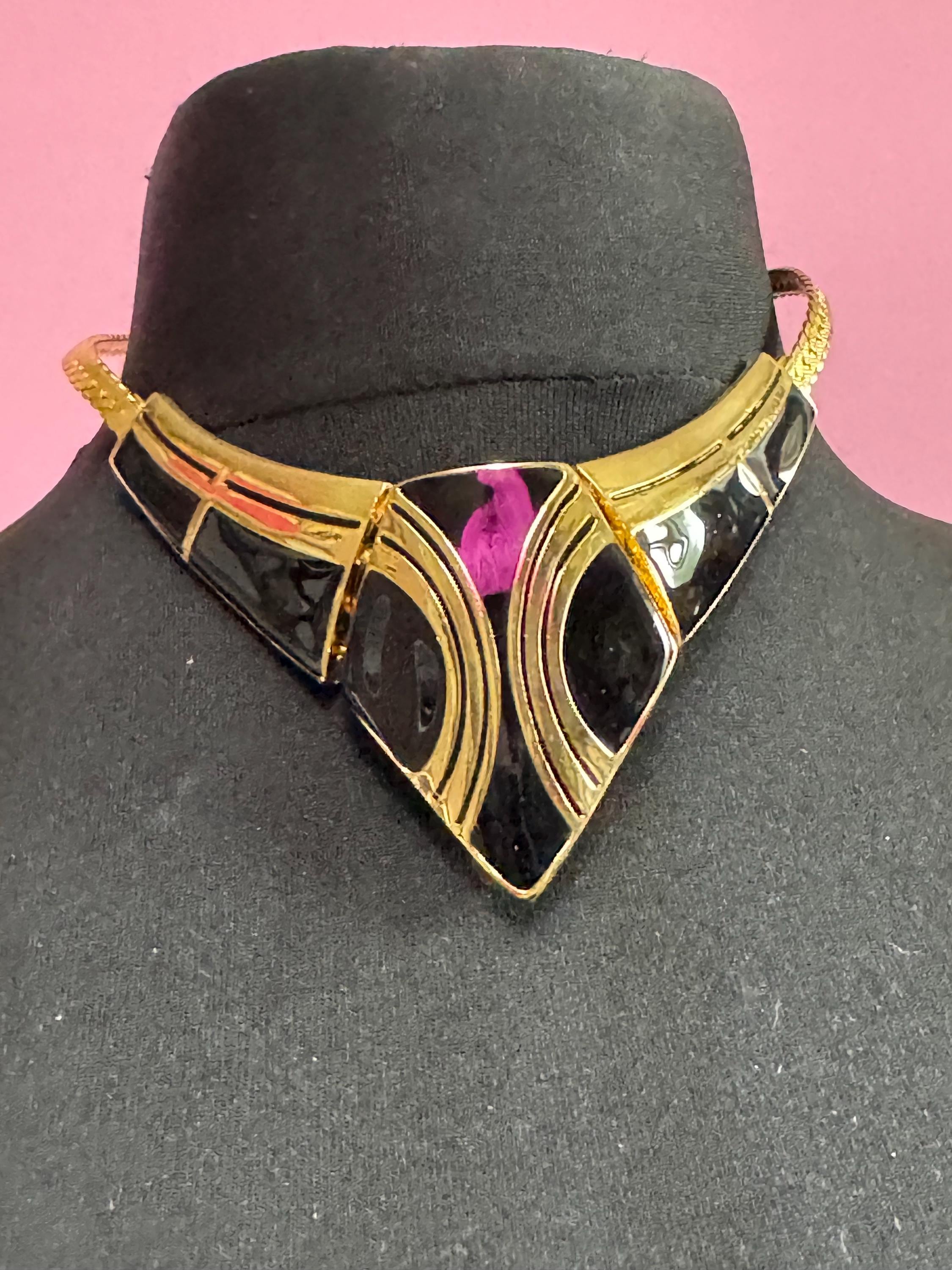 Vintage Black & Gold Enamel Necklace Earring Set: 1980s Retro Jewelry