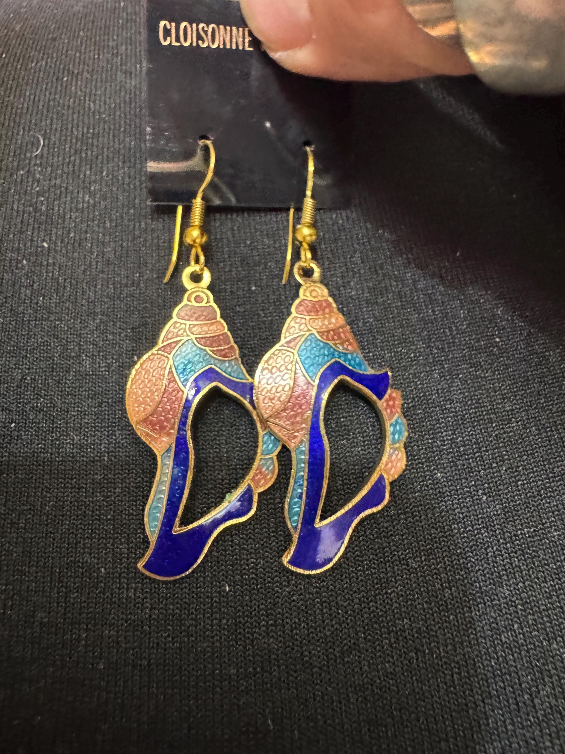 Vintage 5cm blue and pink cloisonné enamel couch seashell shell dangly earrings for pierced ears, 1980s old unused shop stock