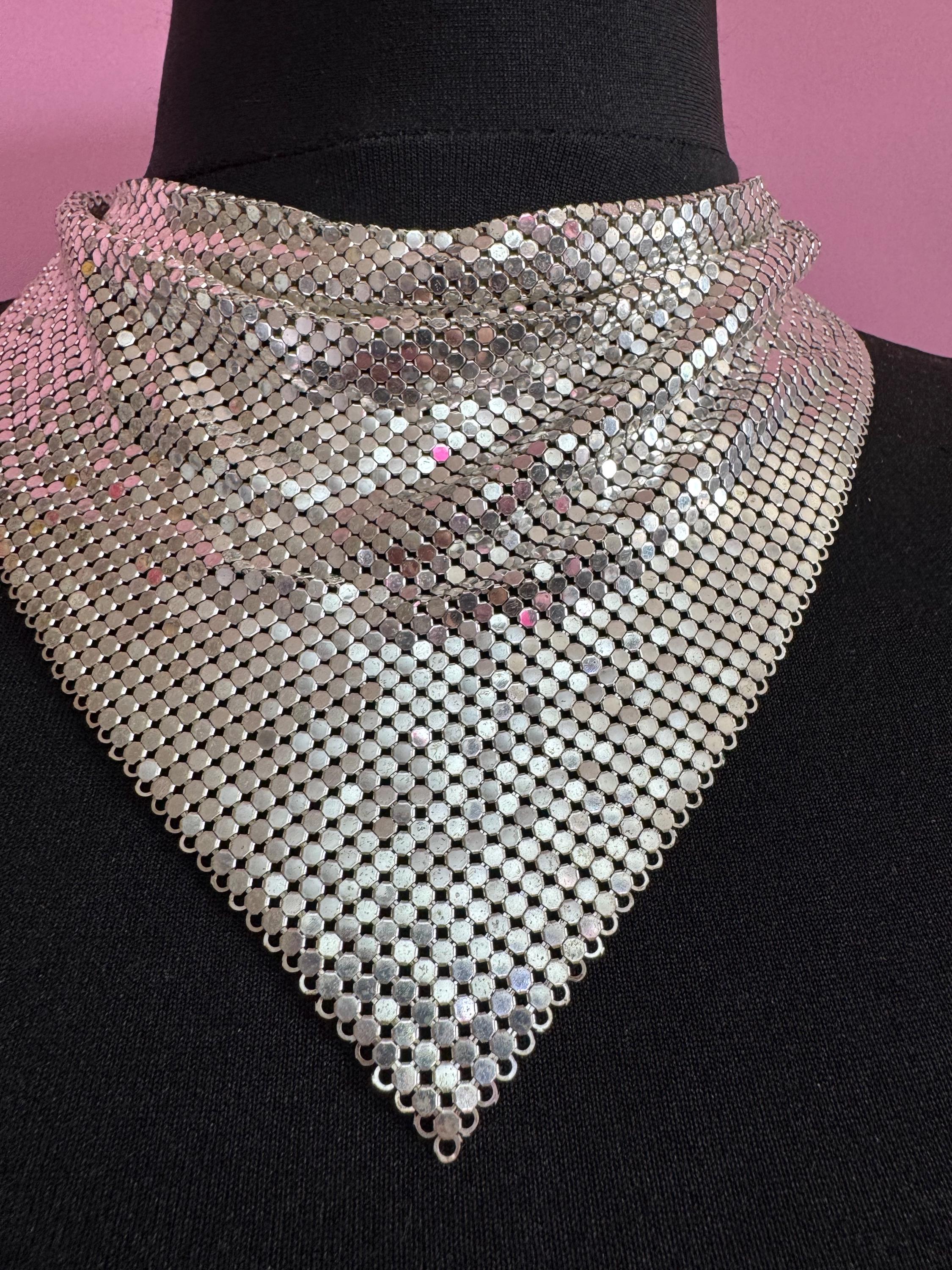 Signed whiting and Davis vintage silver plated mesh choker bib necklace