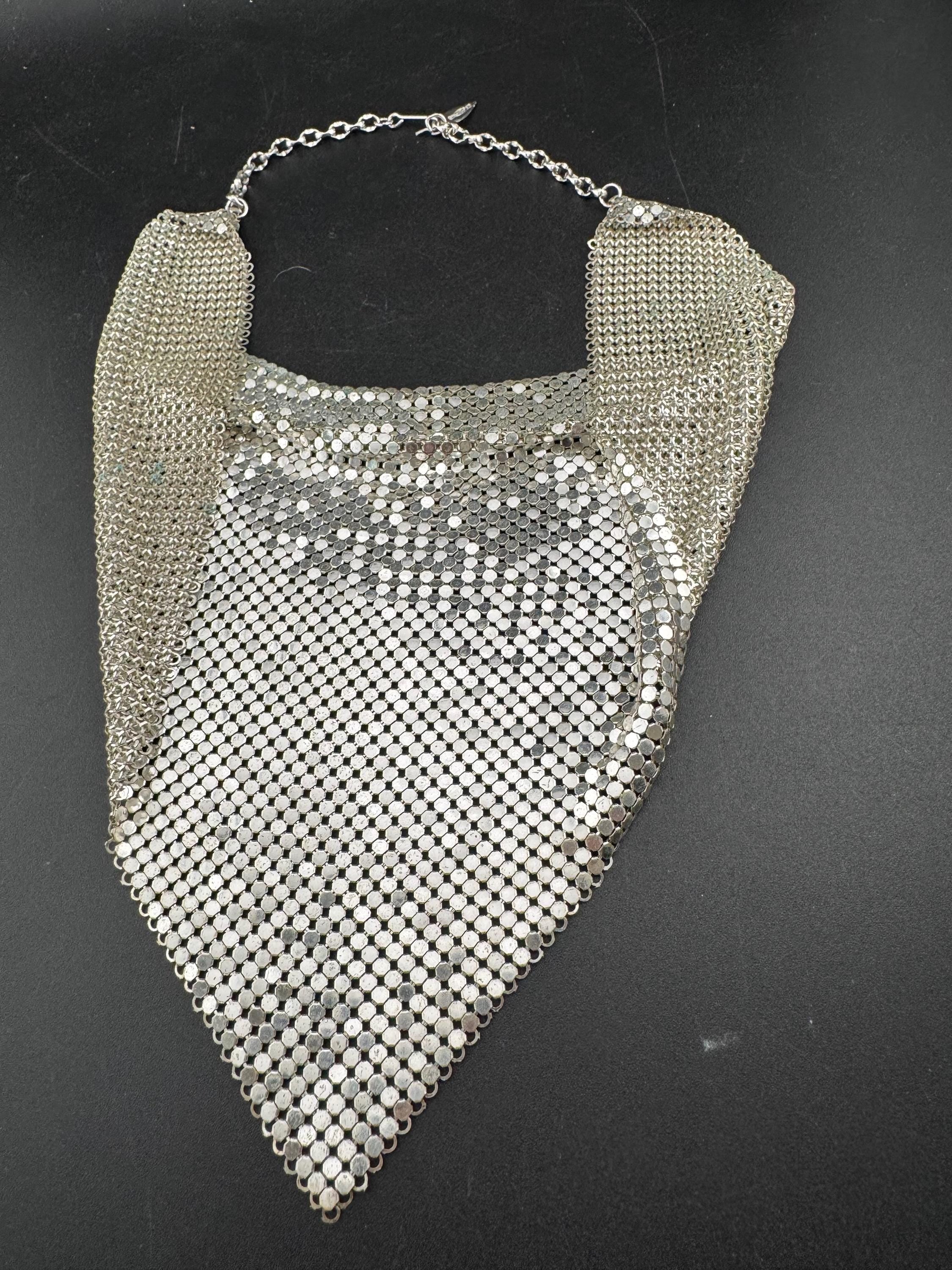 Signed whiting and Davis vintage silver plated mesh choker bib necklace