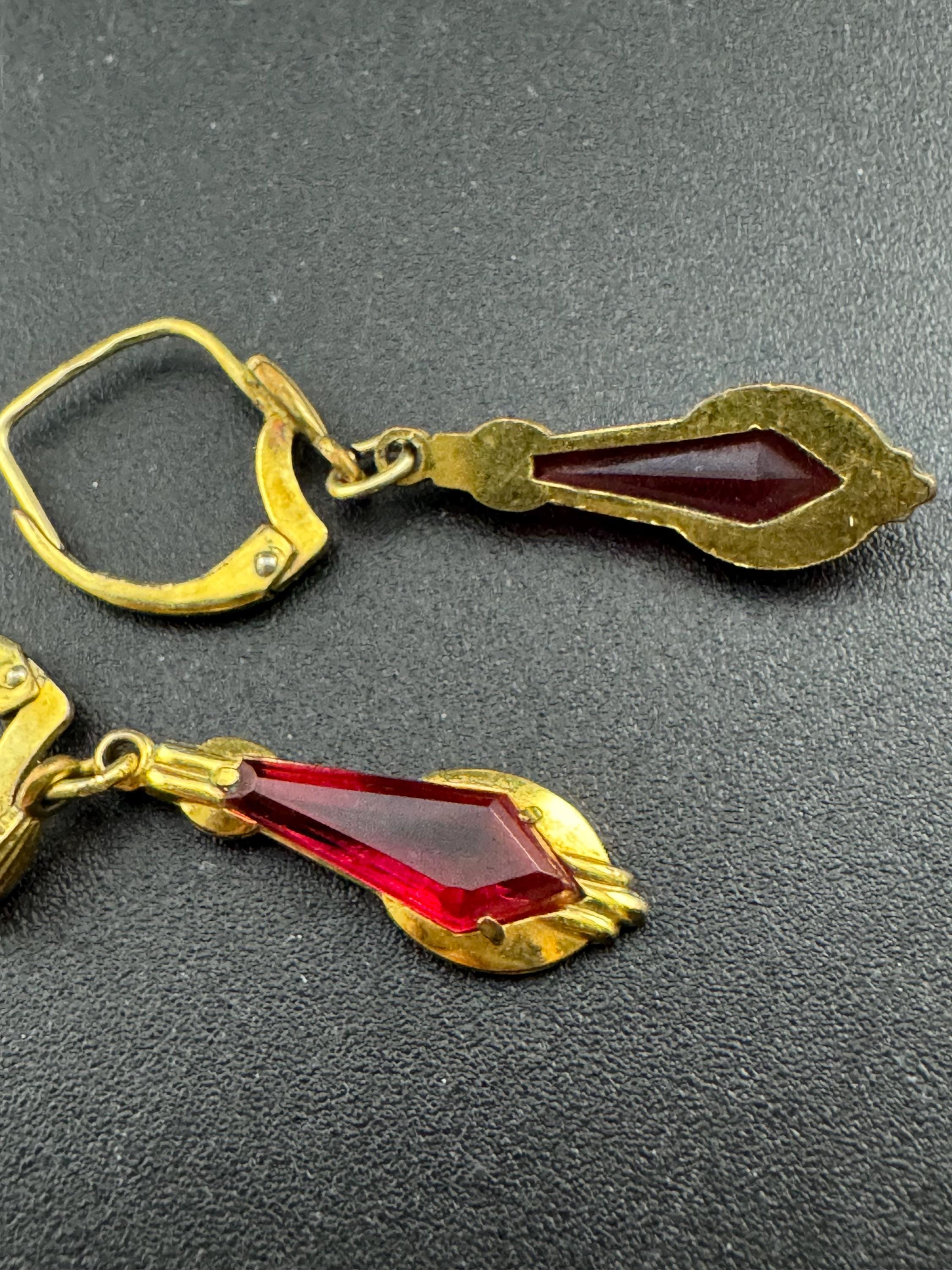 Vintage RG retro rolled gold small drop dropper earrings for pierced ears ruby red pink stones
