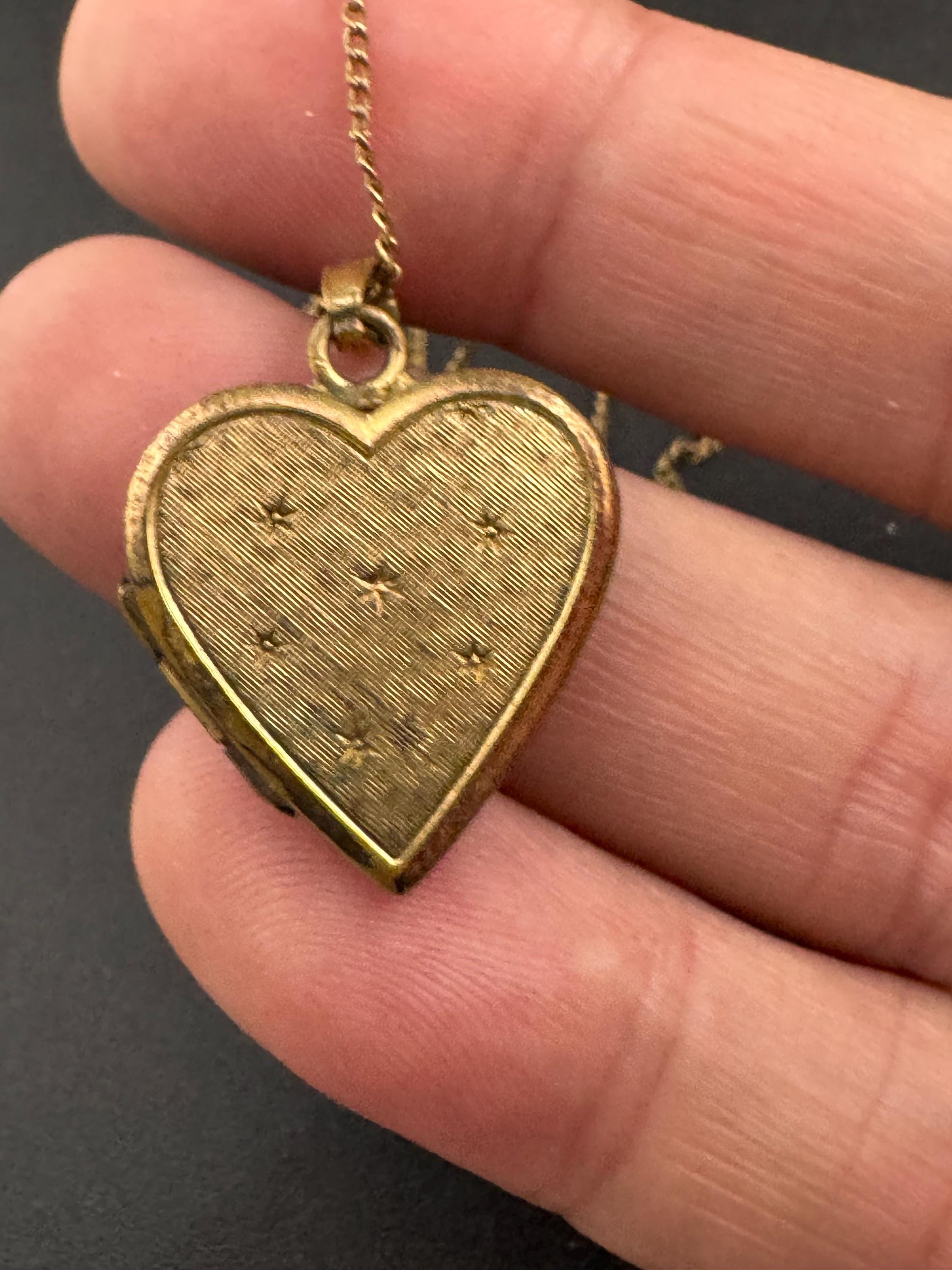 Vintage rolled gold Andreas daub love heart Locket with engraved design, on a stamped RG 52cm chain