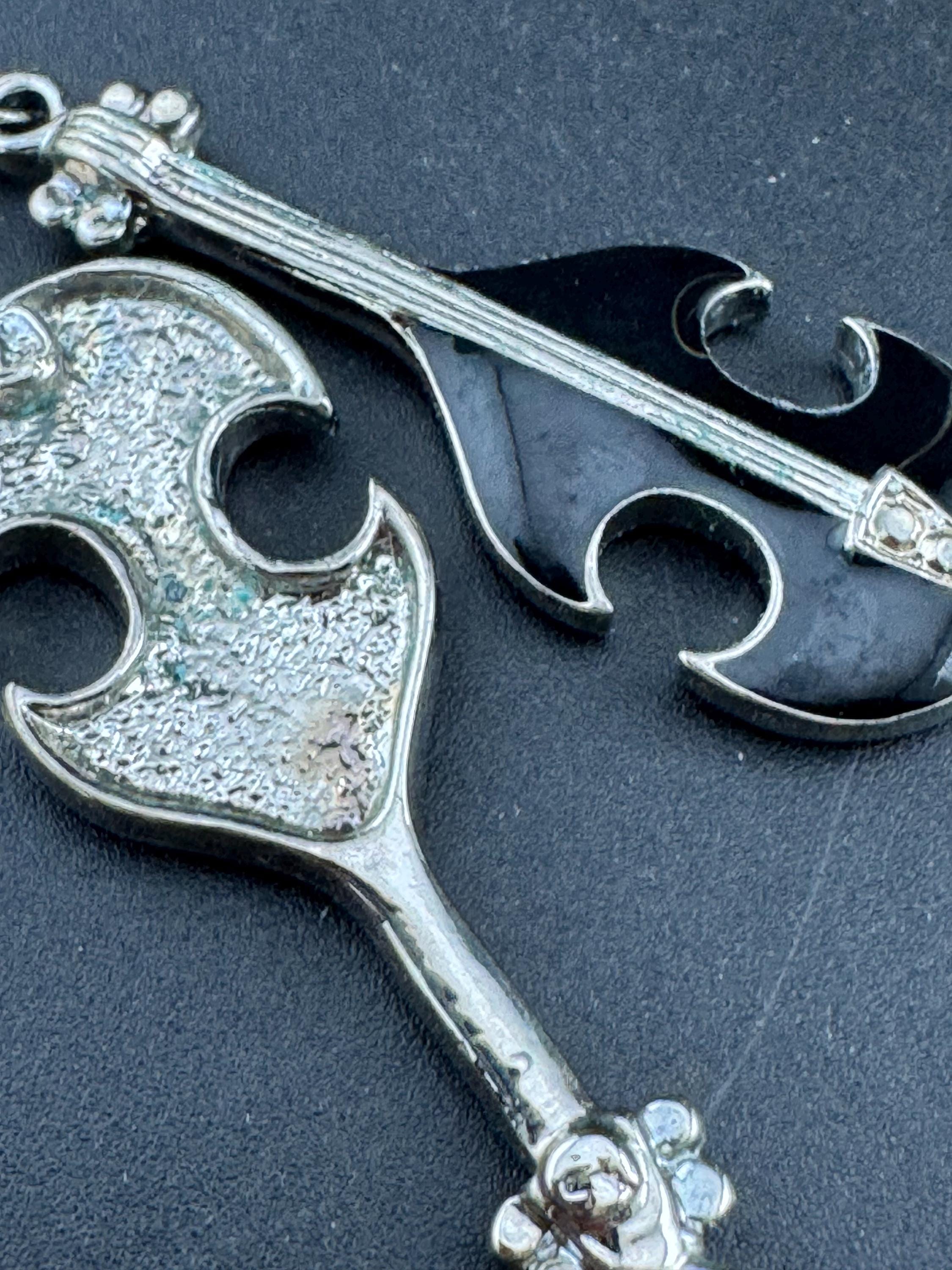 vintage 1980s black enamel long dangly novelty guitar earrings, for pierced ears, silver tone