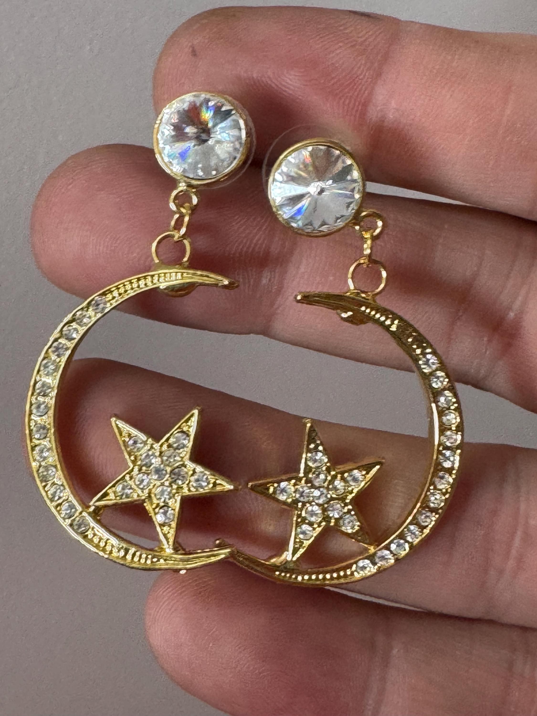 Retro 1980s celestial stars and crescent moon diamanté gold tone  pierced earrings new old shop stock