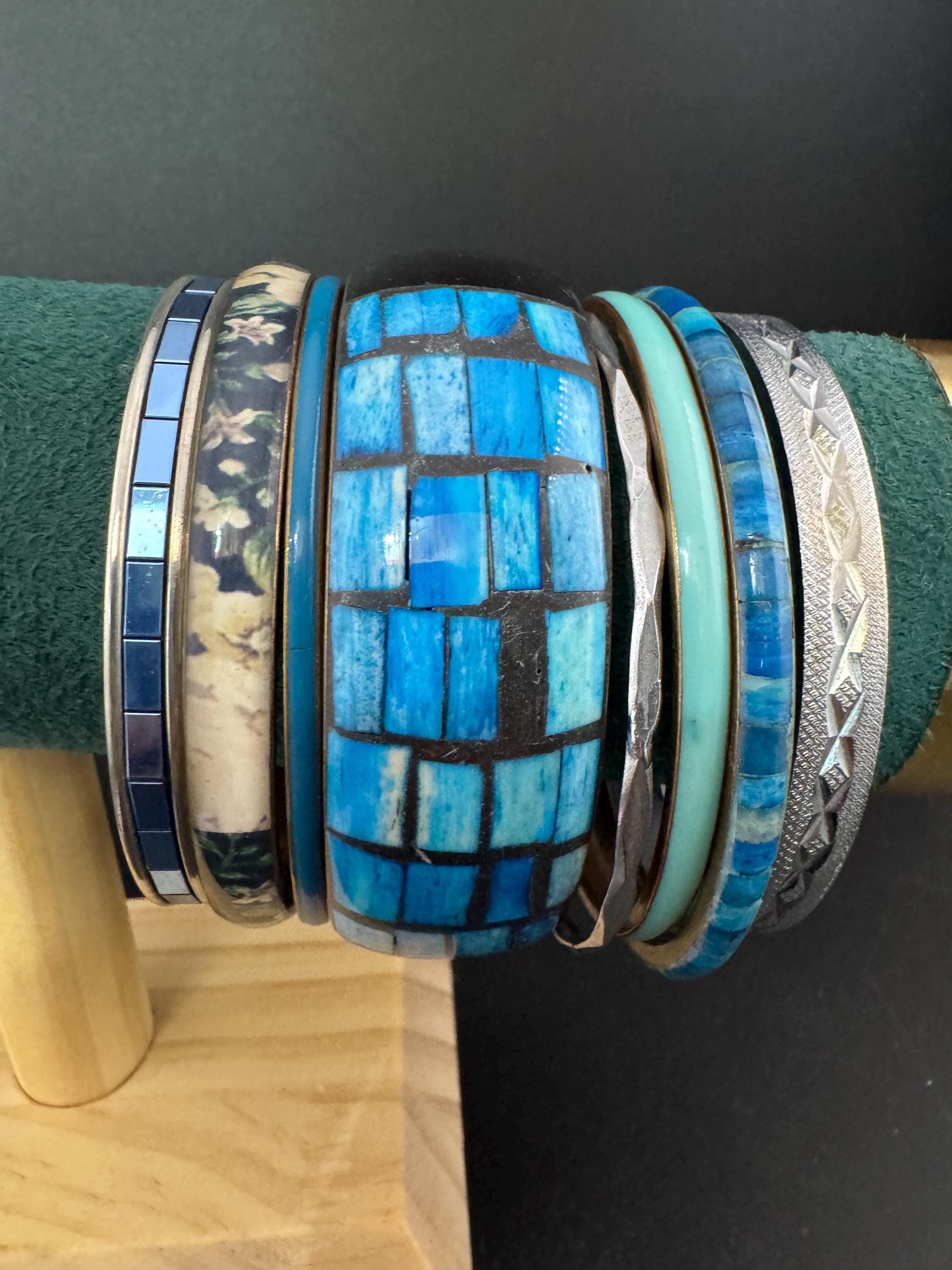 A curated set of BLUE vintage retro stack of plastic metal bangles bracelets