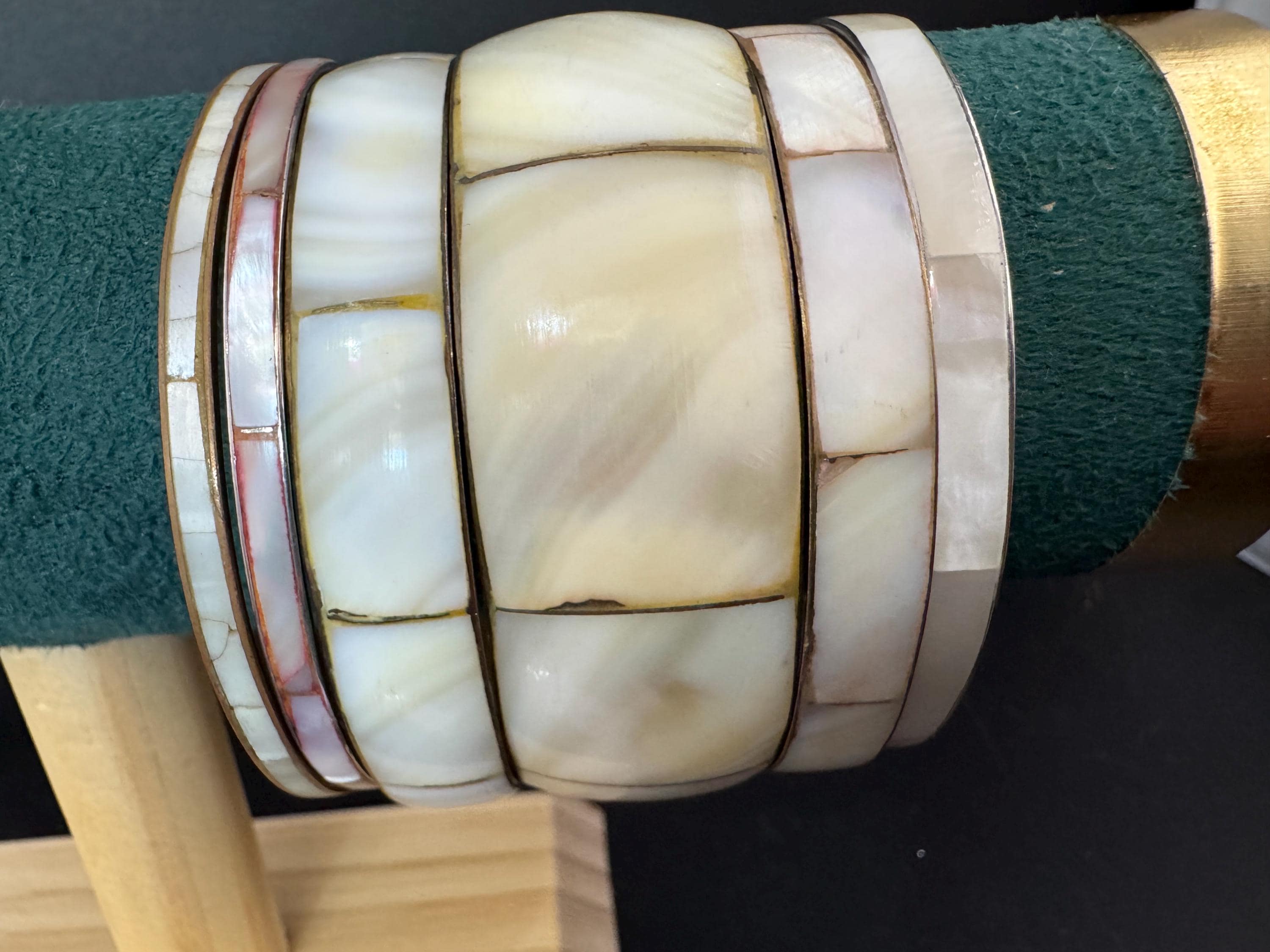 Curated Bangle stack x 6 Vintage stacking bangles retro natural neutral white ivory gold colours Stacking shell brass enamel metal bracelets