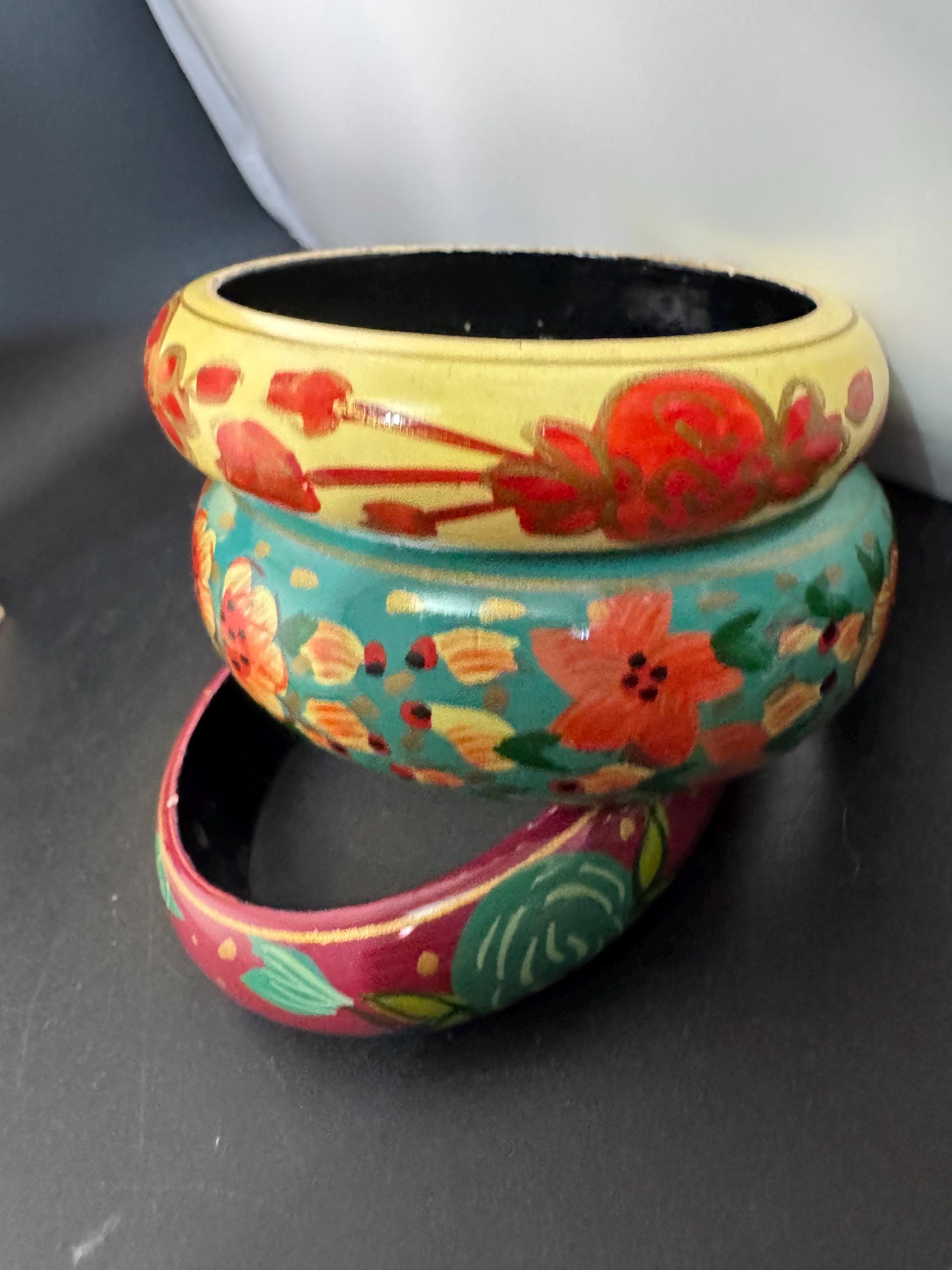 Vintage Wide Cuff Bangle Bracelet Set: Green, Red, Cream - Retro Stacking