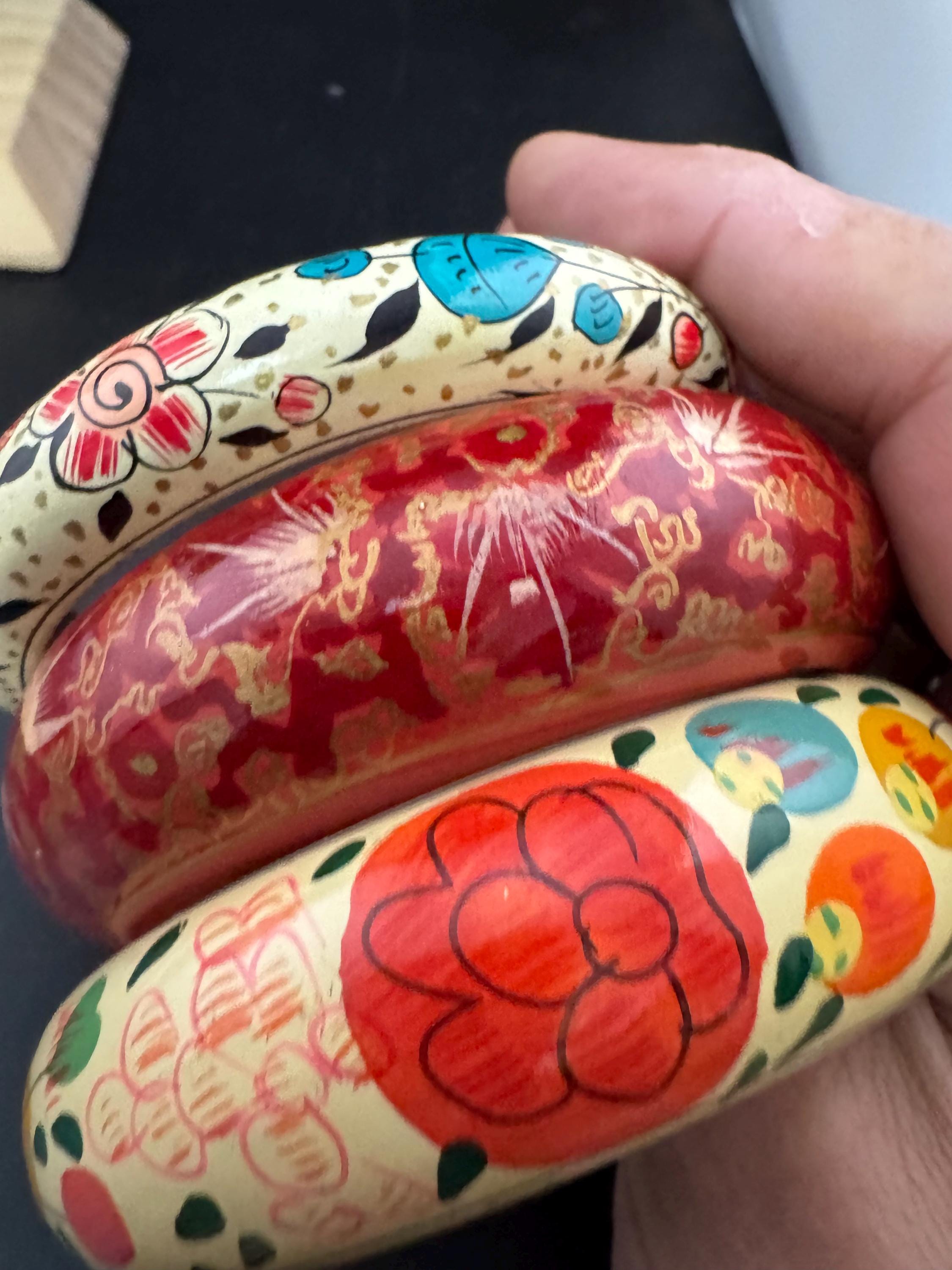 Vintage Red & Gold Bangle Bracelet Set: Wide Cuff Stacking Bangles