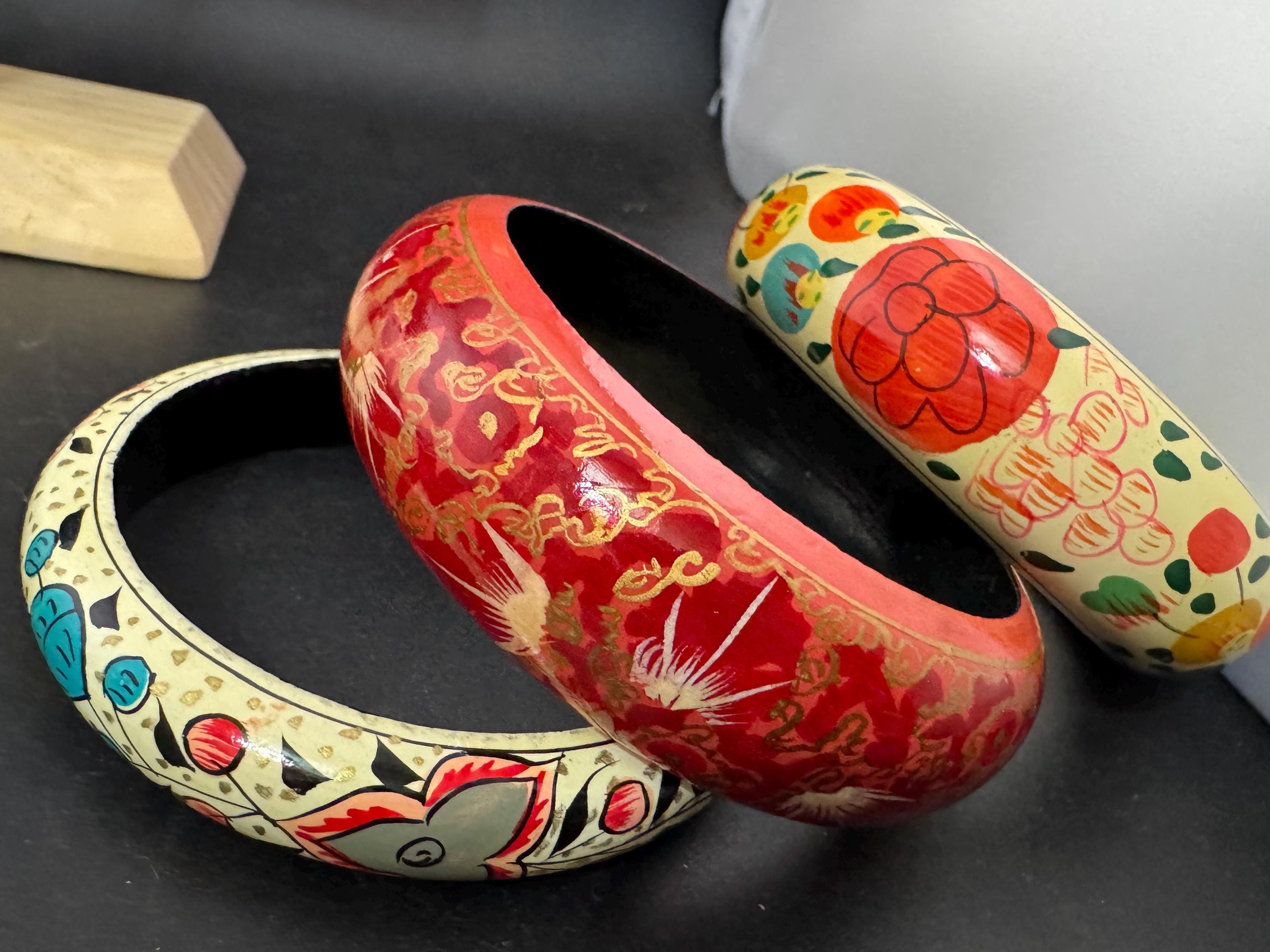 Vintage Red & Gold Bangle Bracelet Set: Wide Cuff Stacking Bangles