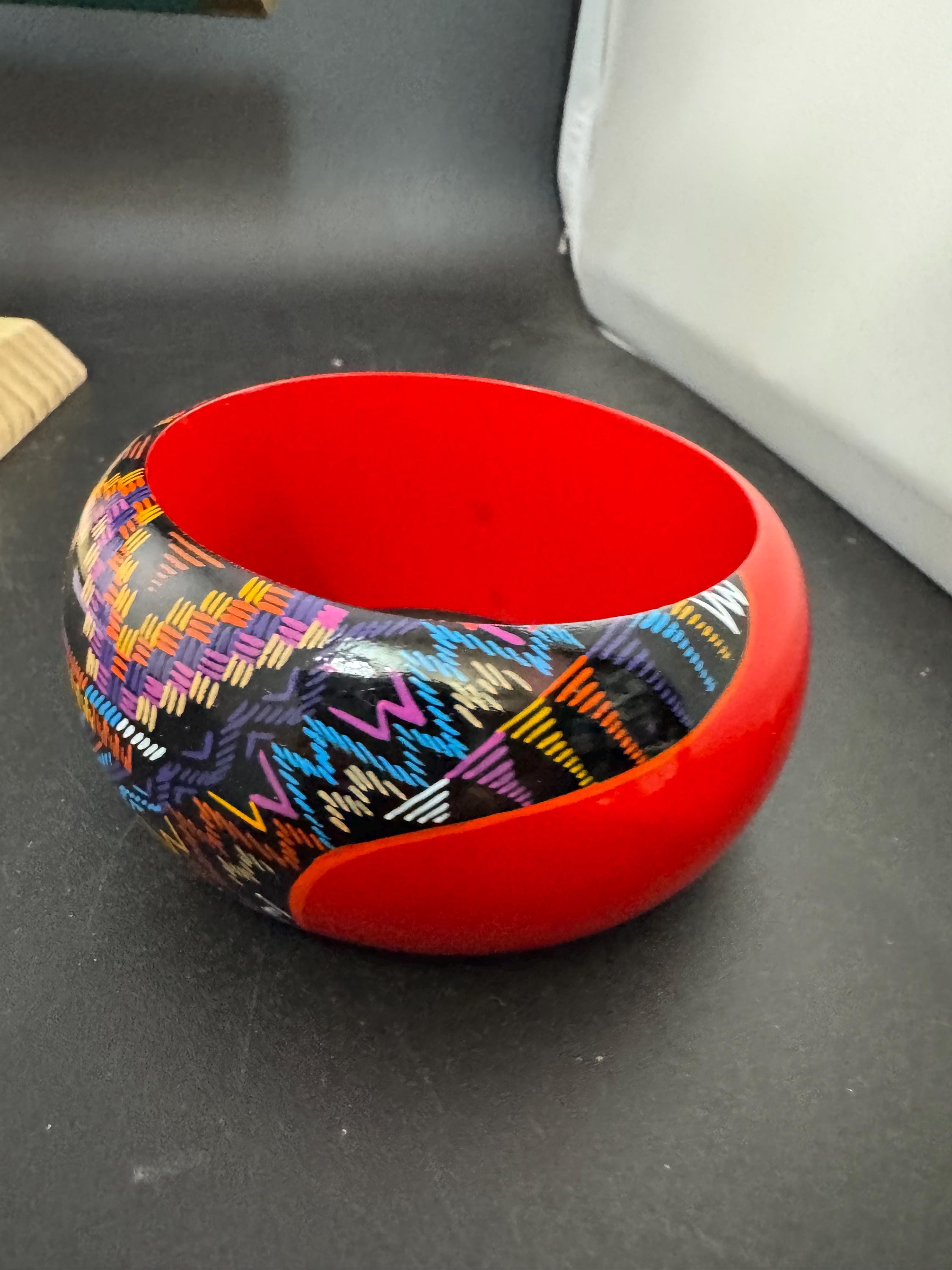 colourful bright red Aztec print wooden wide cuff bangle bracelet stacking layering Vintage