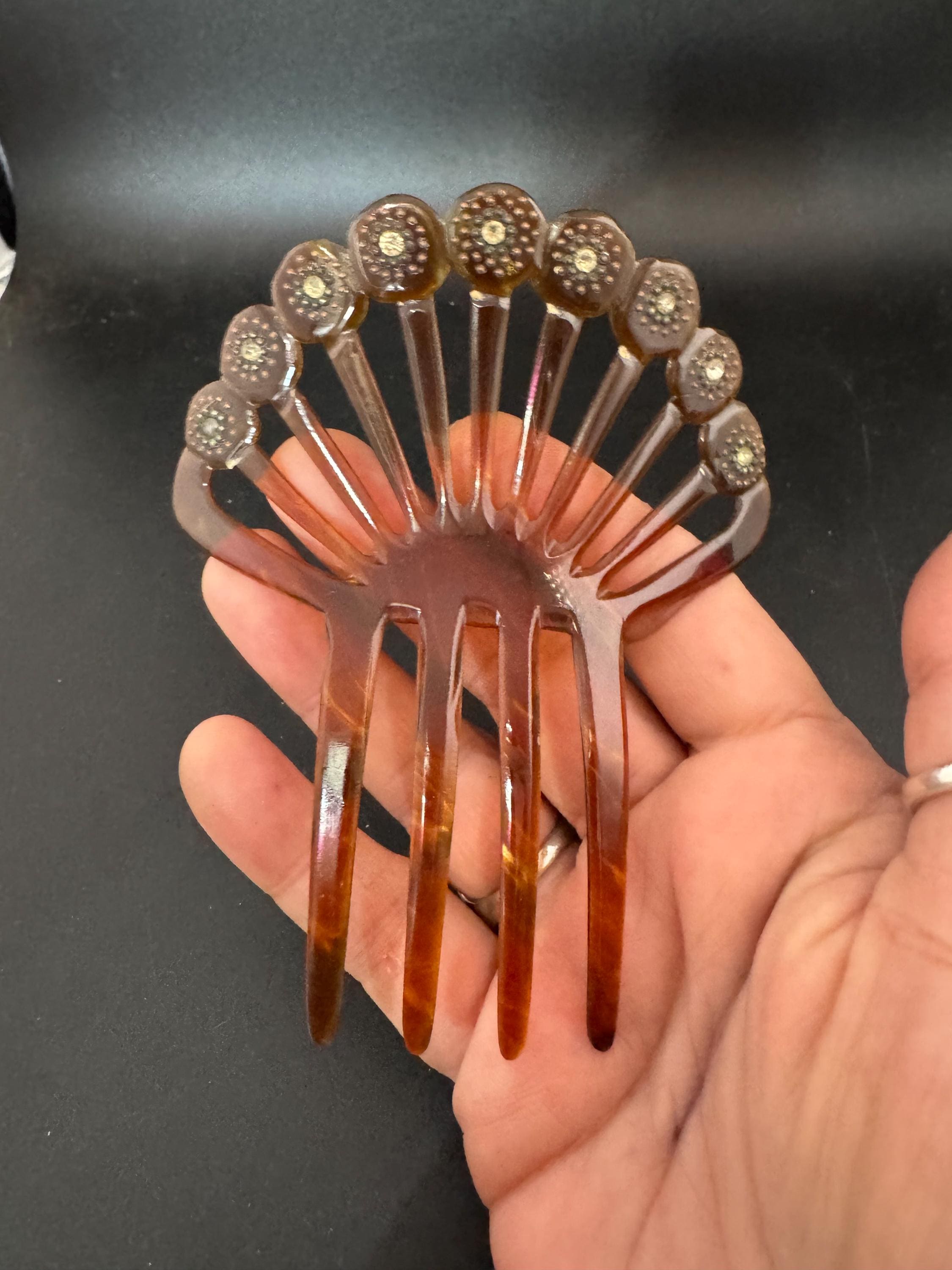 Pique work Antique Vintage Faux Tortoiseshell Brown Celluloid mantilla Hair comb