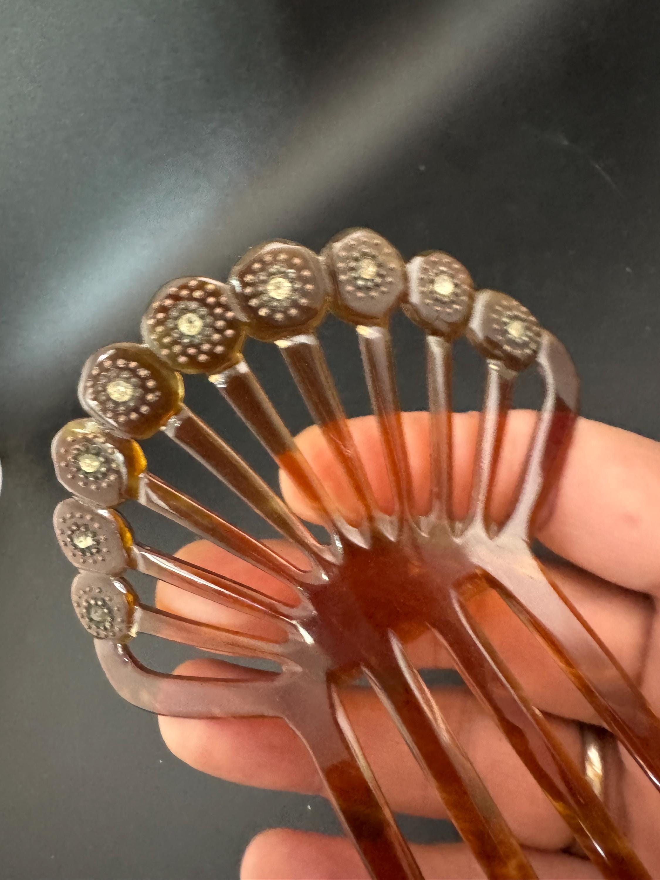 Pique work Antique Vintage Faux Tortoiseshell Brown Celluloid mantilla Hair comb