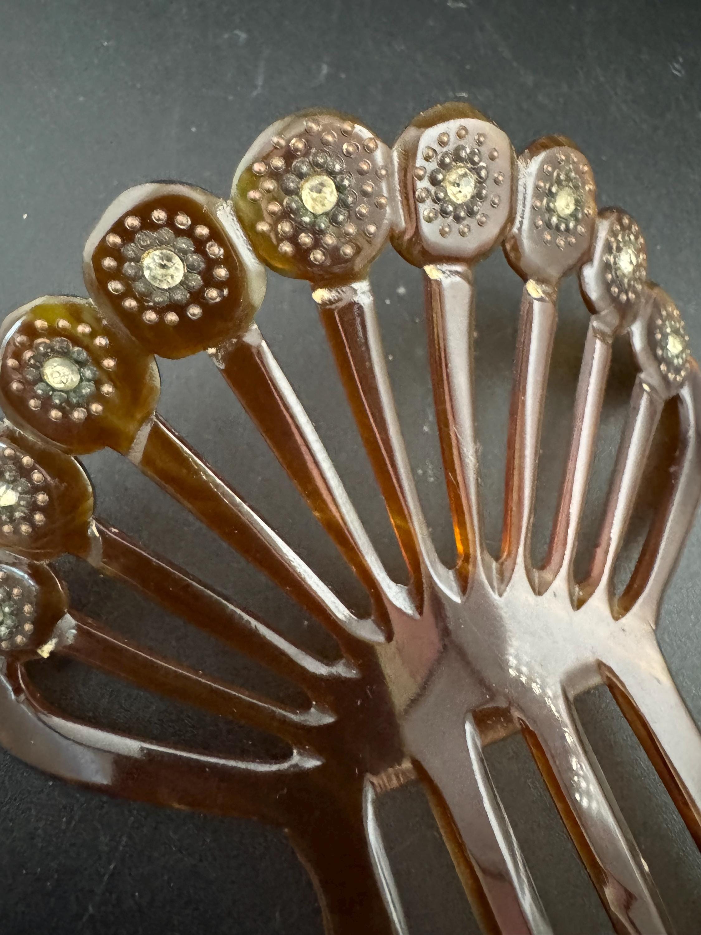 Pique work Antique Vintage Faux Tortoiseshell Brown Celluloid mantilla Hair comb