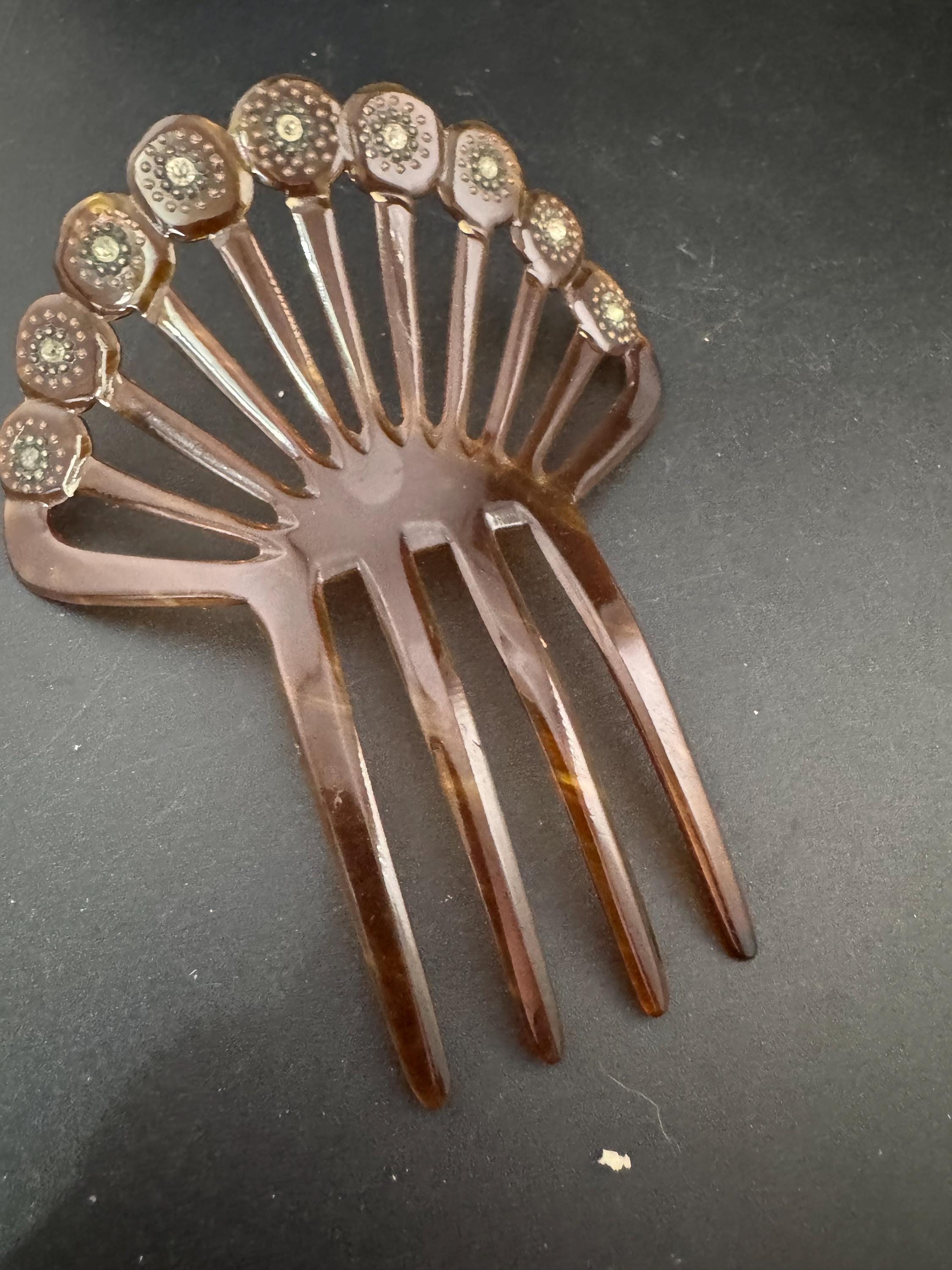 Pique work Antique Vintage Faux Tortoiseshell Brown Celluloid mantilla Hair comb