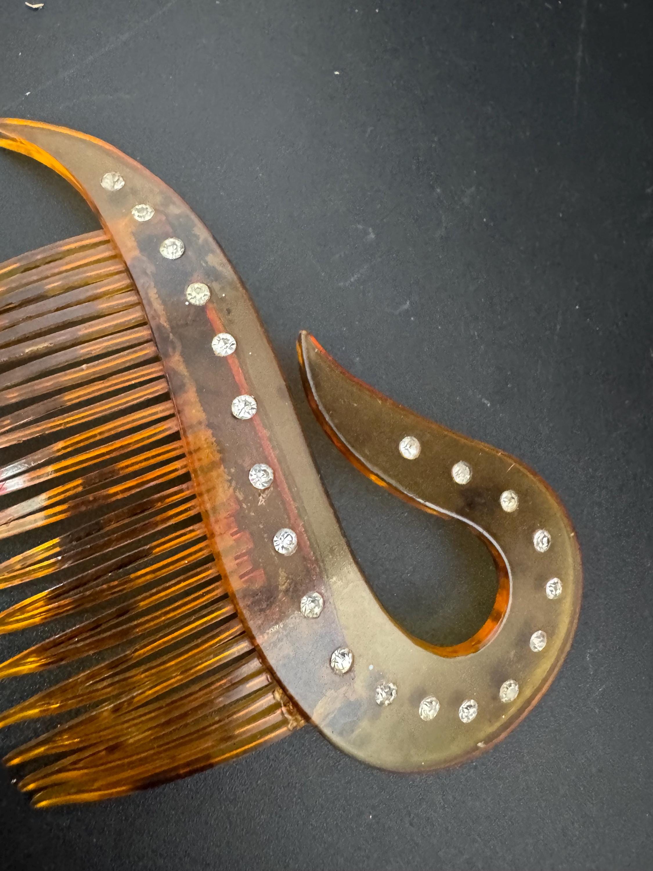 Antique Vintage Faux Tortoiseshell Dark Brown Celluloid Diamanté Hair comb,  Vintage Hairdressing