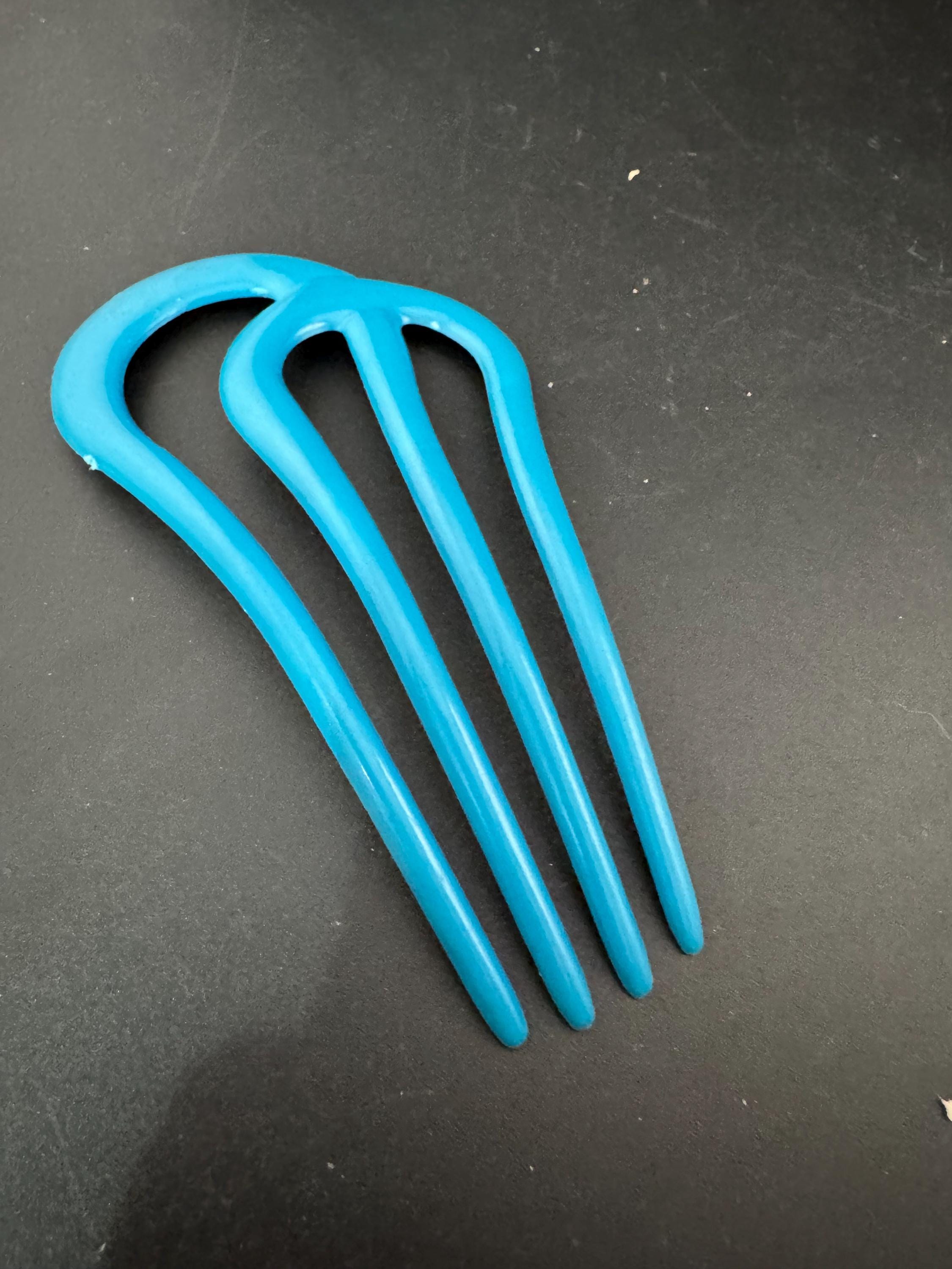 Vintage blue early plastic Celluloid Chignon Bun Pin Hair comb, retro Bridal Hairdressing 4 prong