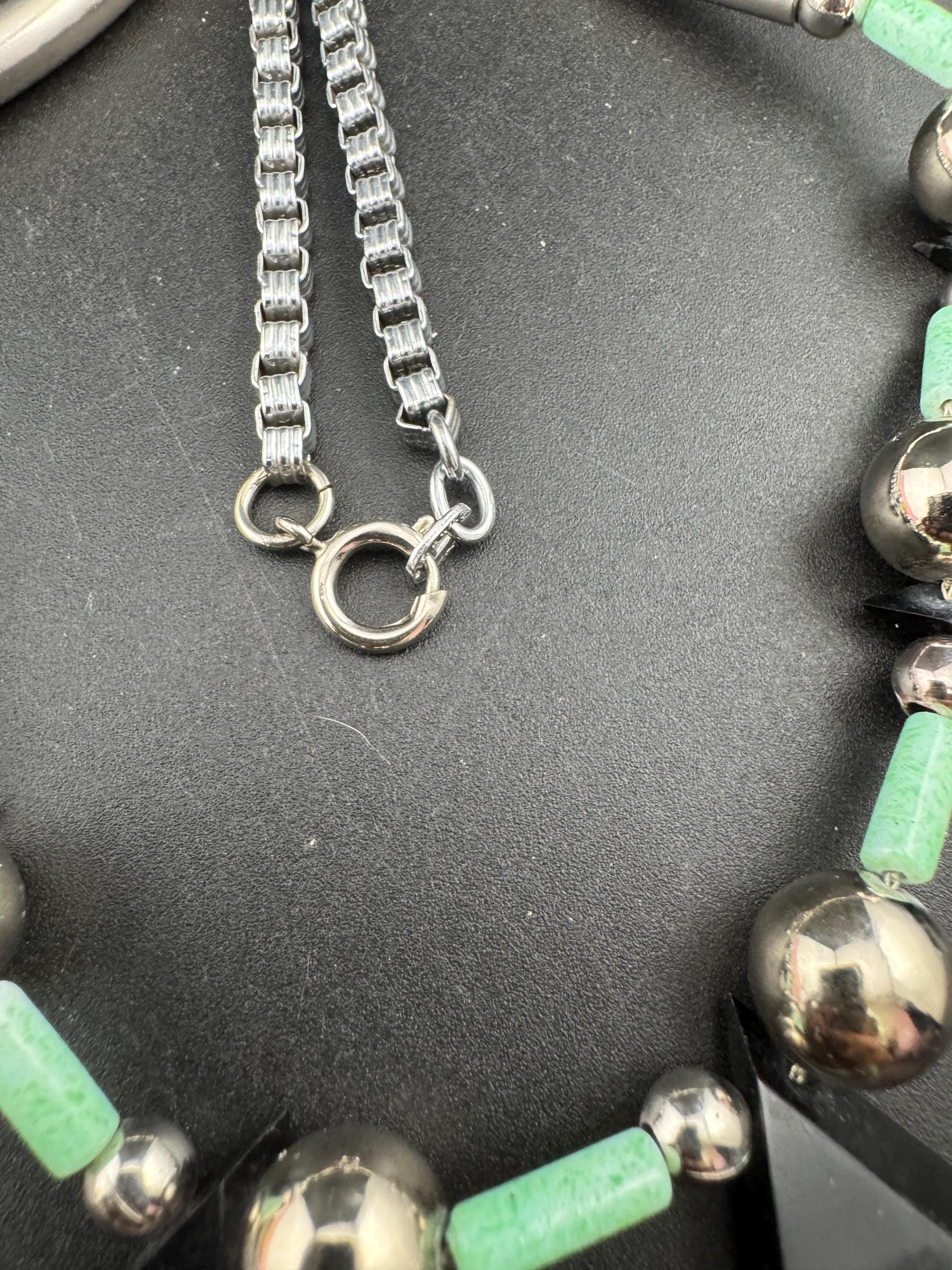 Art deco Jakob Bengel modernist Chrome silver tone metal 1920s black and Green galalith plastic triangular beaded geometric bead necklace