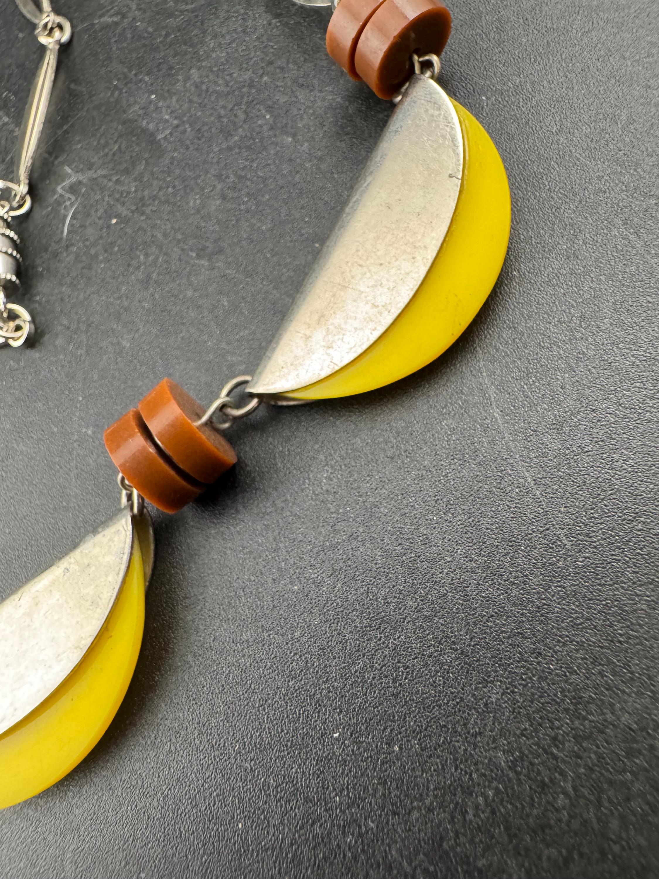 Art deco Jakob Bengel modernist Chrome silver tone metal 1920s brown and yellow galalith plastic semicircle beaded geometric bead necklace
