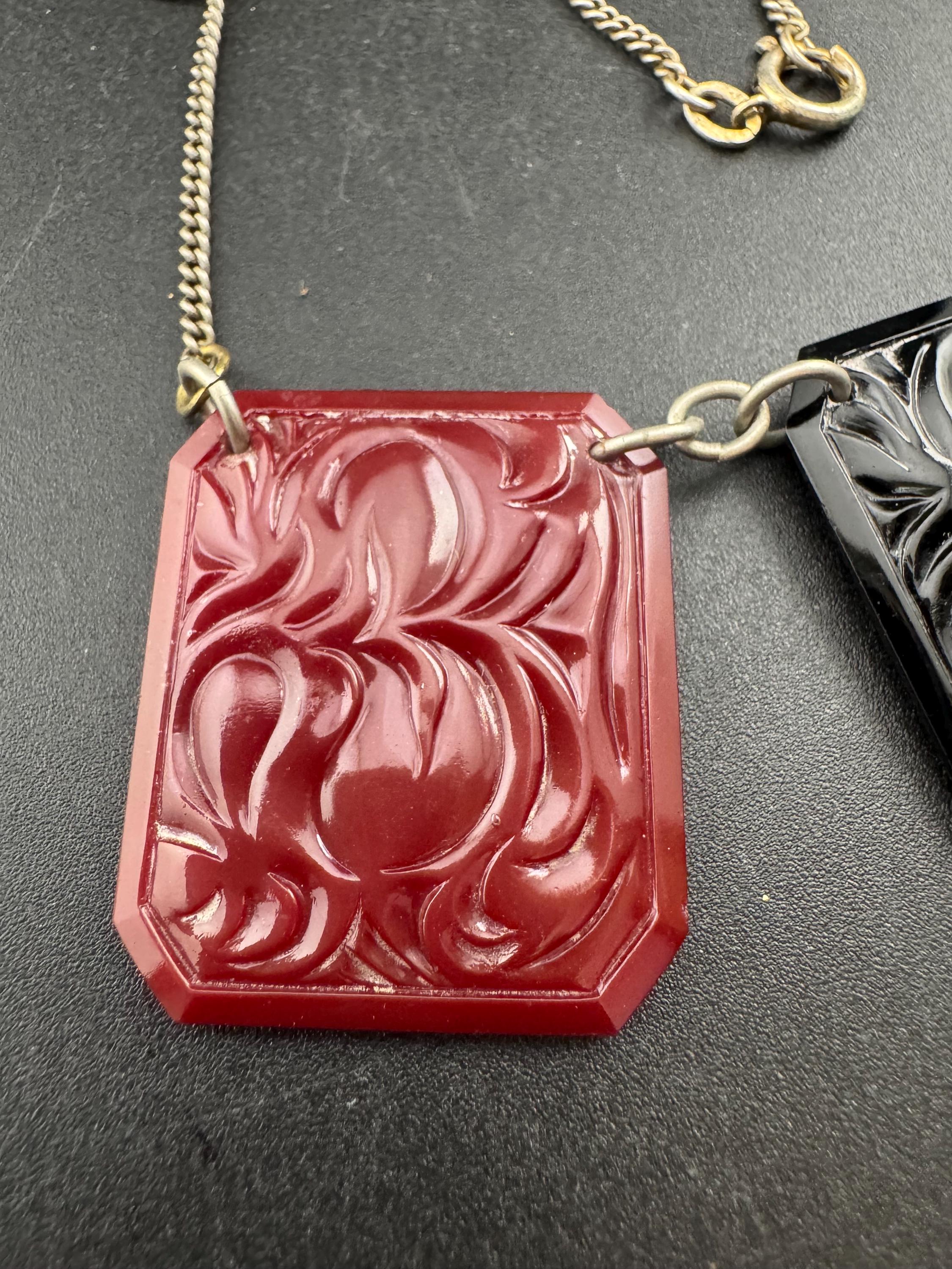 Art Deco Jakob Bengel Necklace: Red & Black Pressed Glass, 1920s Modernist