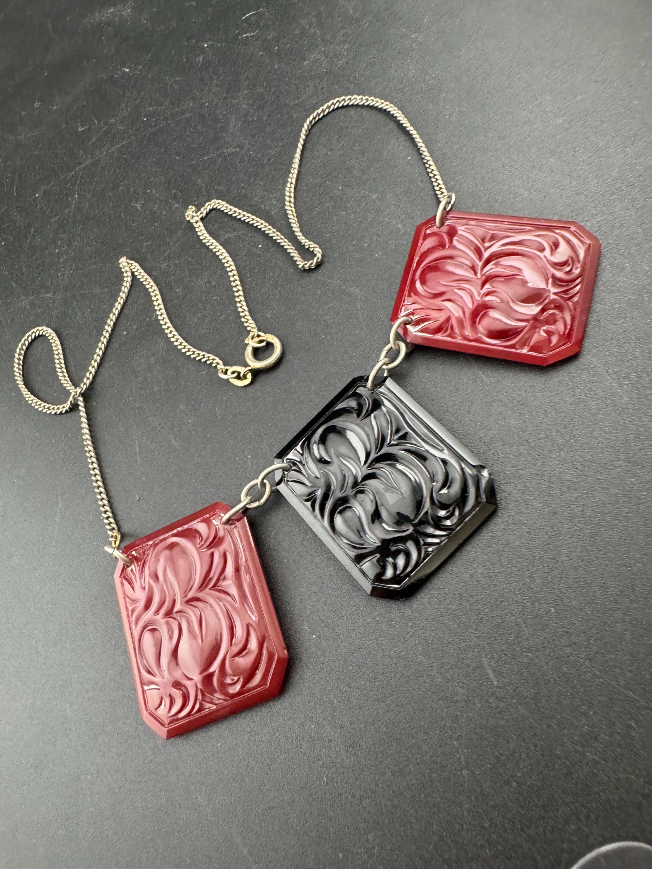 Art Deco Jakob Bengel Necklace: Red & Black Pressed Glass, 1920s Modernist