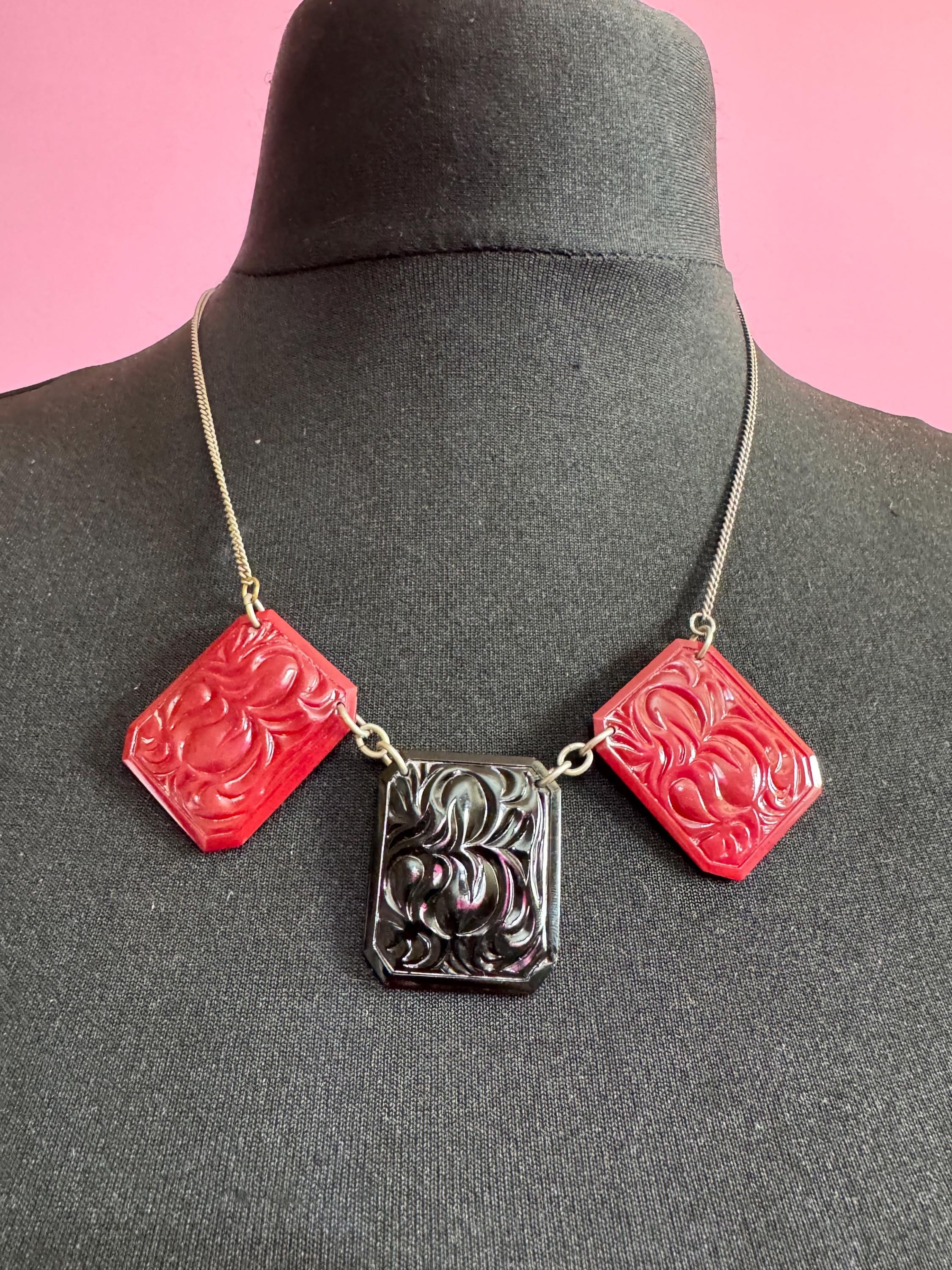 Art Deco Jakob Bengel Necklace: Red & Black Pressed Glass, 1920s Modernist
