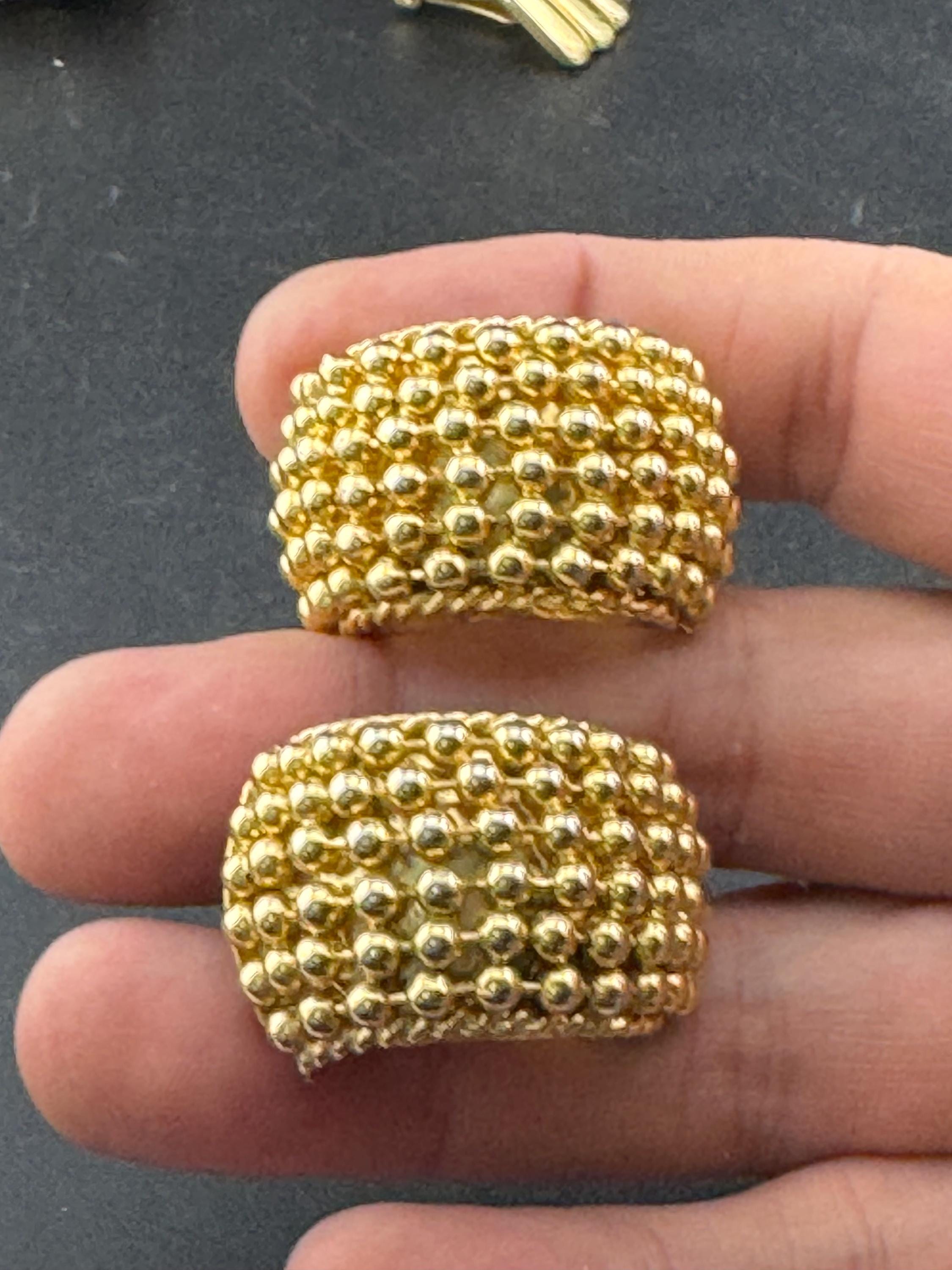 Vintage gold tone ornate ball beaded half hoop textured designer style clip on earrings