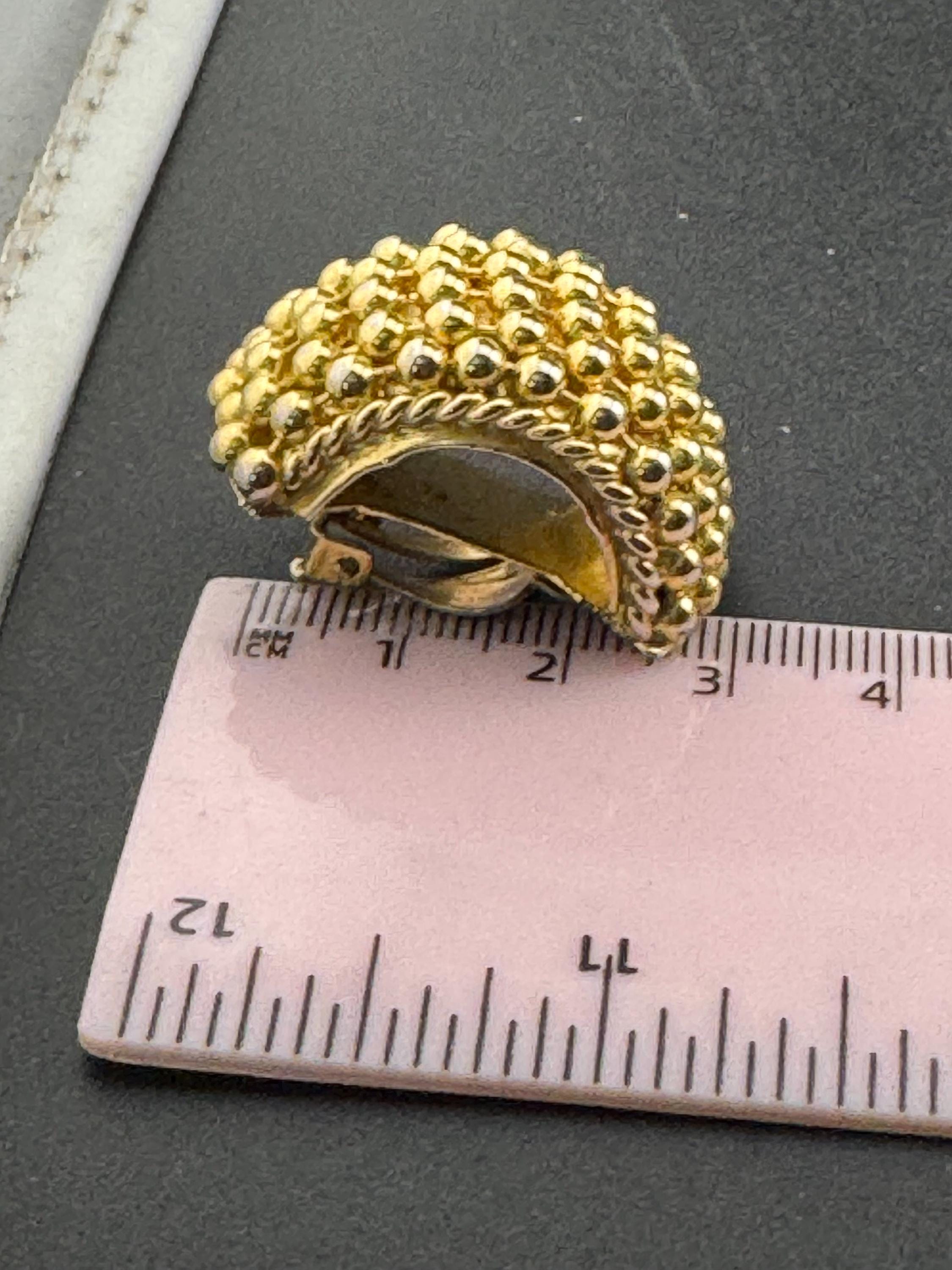 Vintage gold tone ornate ball beaded half hoop textured designer style clip on earrings