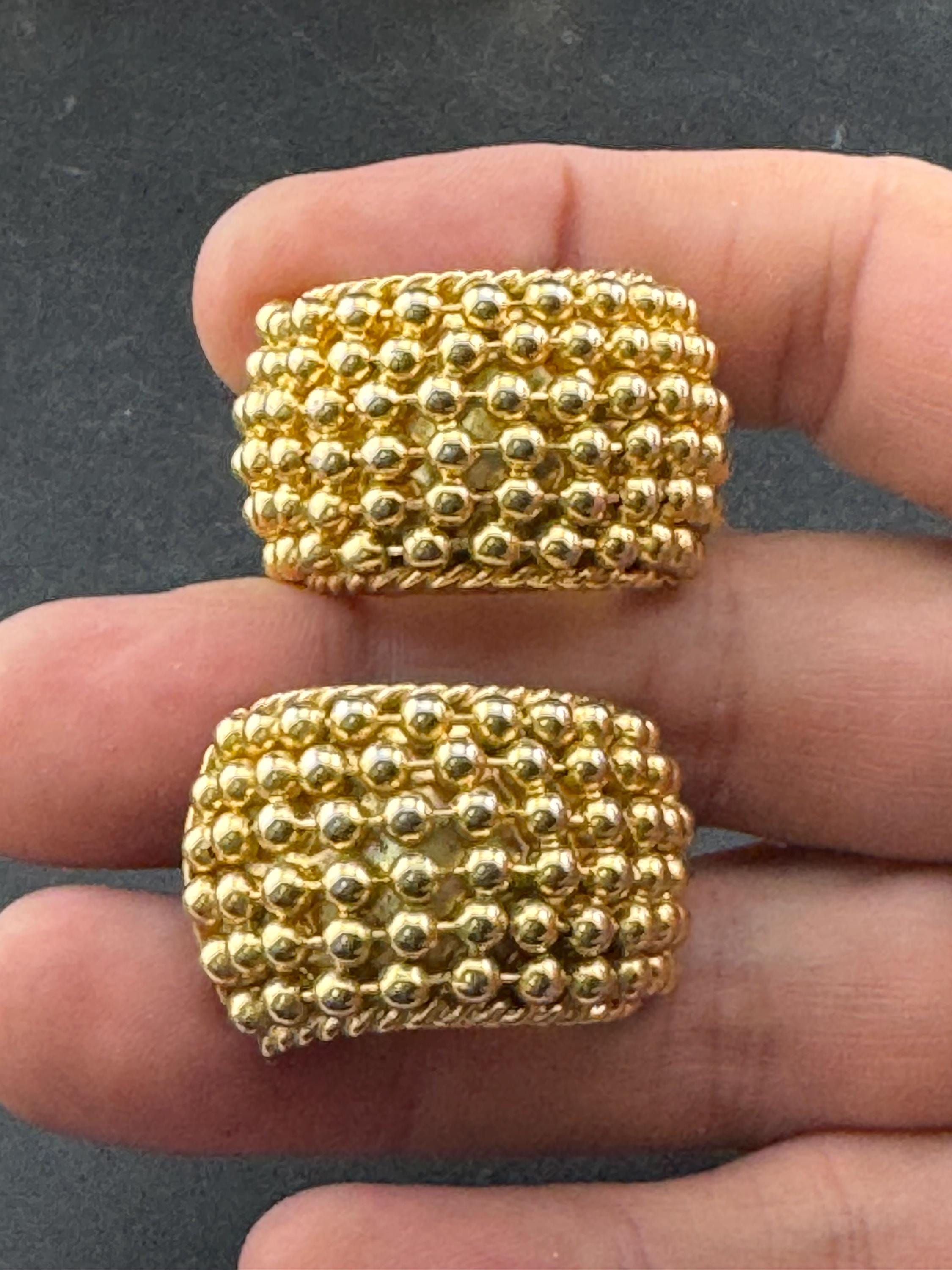 Vintage gold tone ornate ball beaded half hoop textured designer style clip on earrings